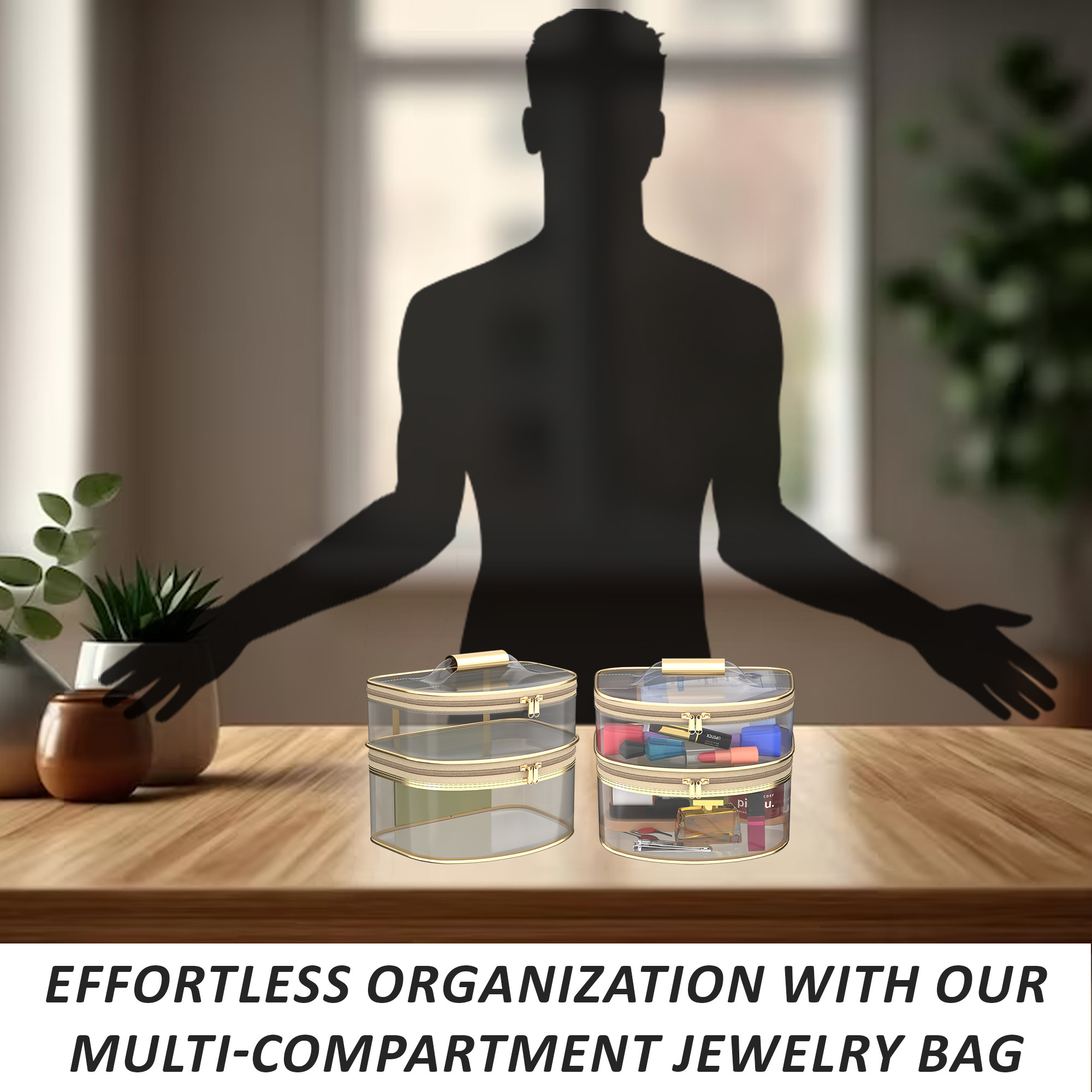 Kuber Industries Travel Storage Organizer  Dual Layer Cosmetic Bag with Handle  Transparent Jewellery Kit  Travel Makeup Pouch  Toiletries Storage Kit  D Shape-Design  Golden