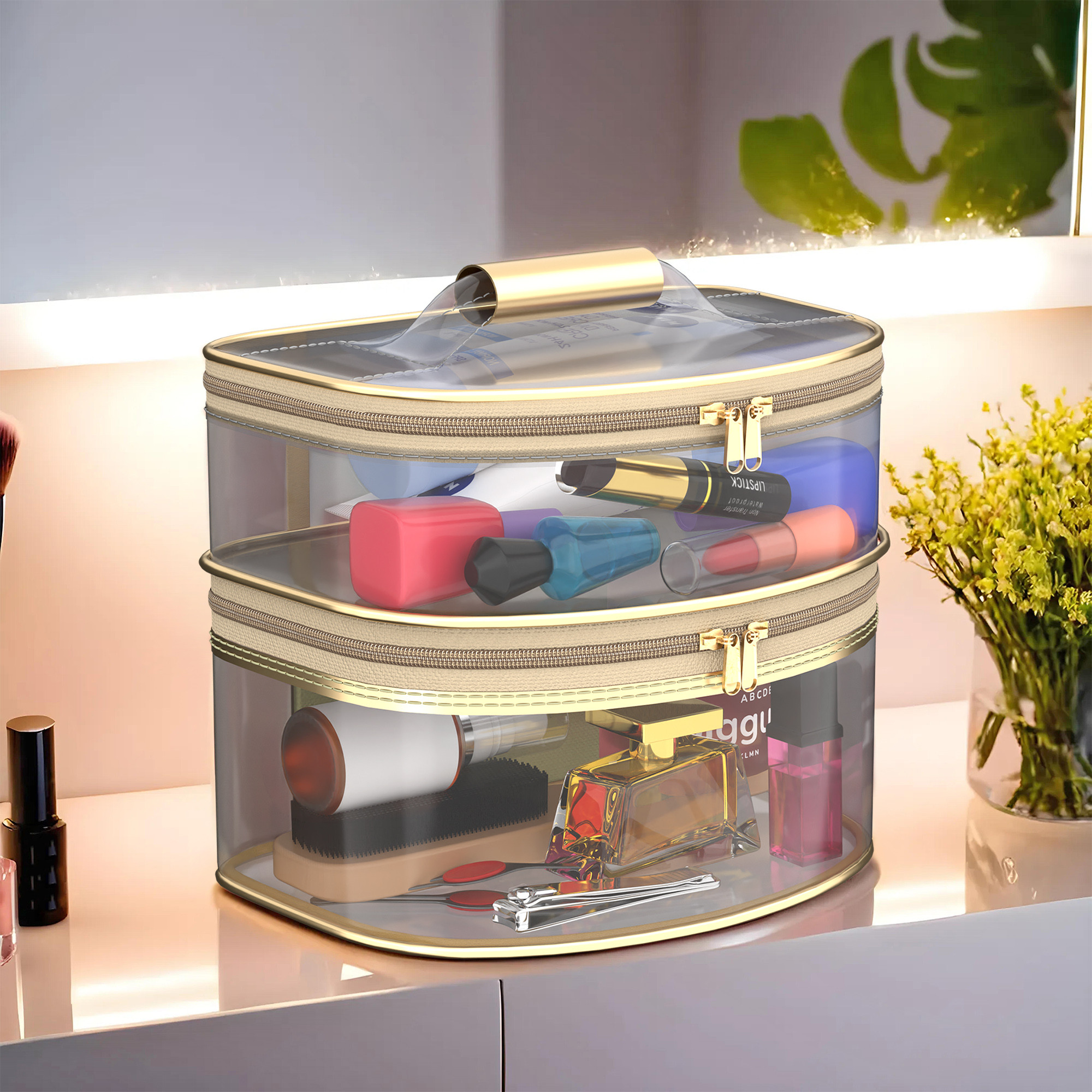 Kuber Industries Travel Storage Organizer  Dual Layer Cosmetic Bag with Handle  Transparent Jewellery Kit  Travel Makeup Pouch  Toiletries Storage Kit  D Shape-Design  Golden