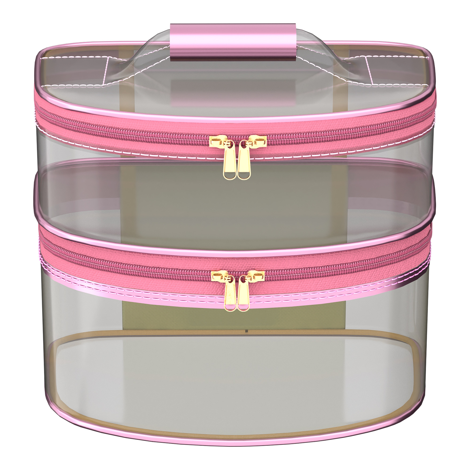 Kuber Industries Travel Storage Organizer  Dual Layer Cosmetic Bag with Handle  Transparent Jewellery Kit  Travel Makeup Pouch  Toiletries Storage Kit  D Shape-Design  Pink