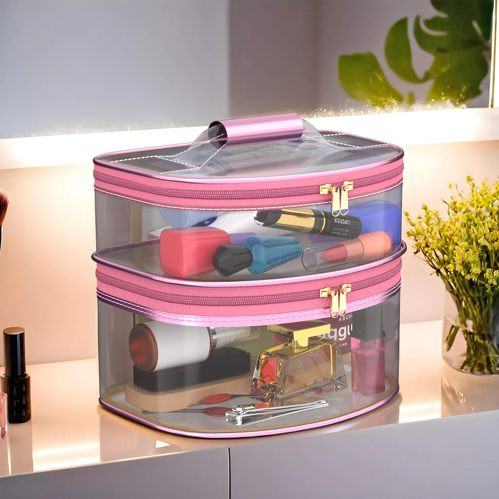Kuber Industries Travel Storage Organizer  Dual Layer Cosmetic Bag with Handle  Transparent Jewellery Kit  Travel Makeup Pouch  Toiletries Storage Kit  D Shape-Design  Pink