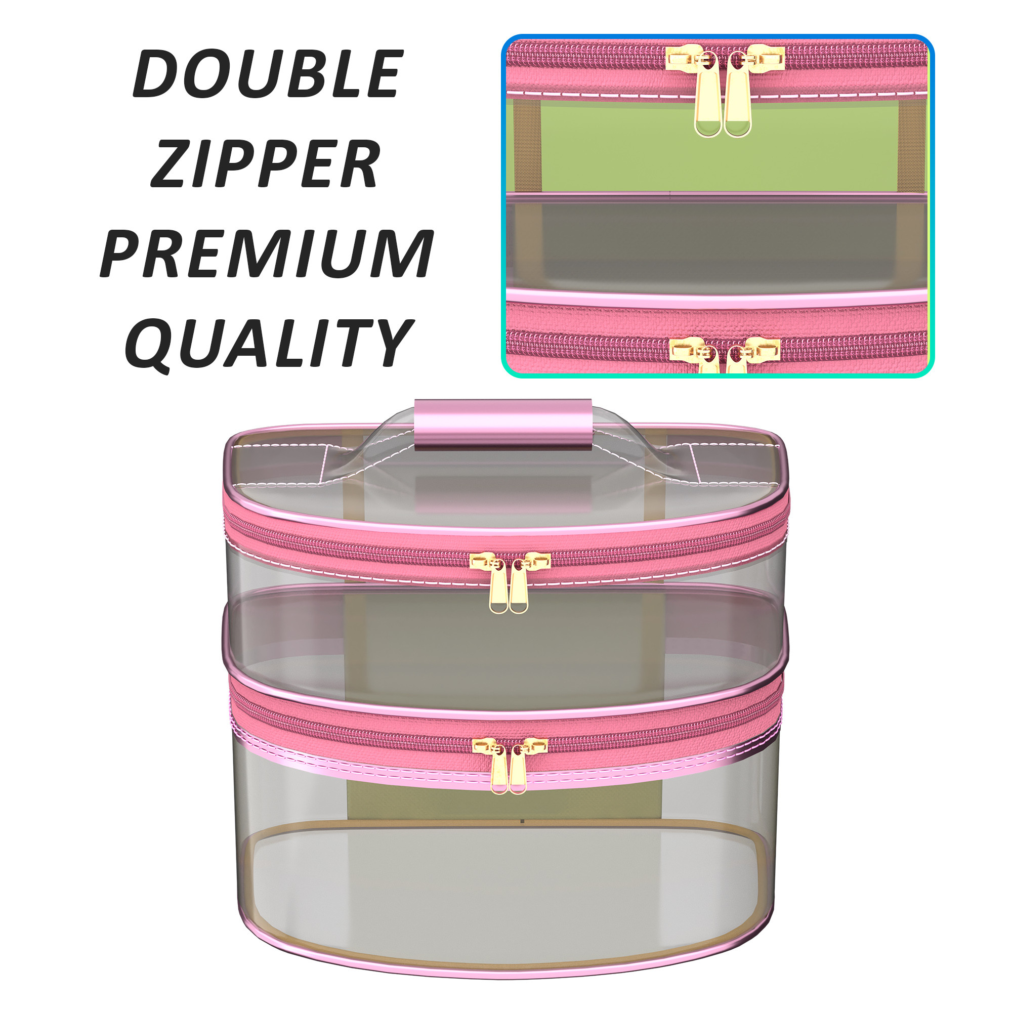 Kuber Industries Travel Storage Organizer  Dual Layer Cosmetic Bag with Handle  Transparent Jewellery Kit  Travel Makeup Pouch  Toiletries Storage Kit  D Shape-Design  Pink