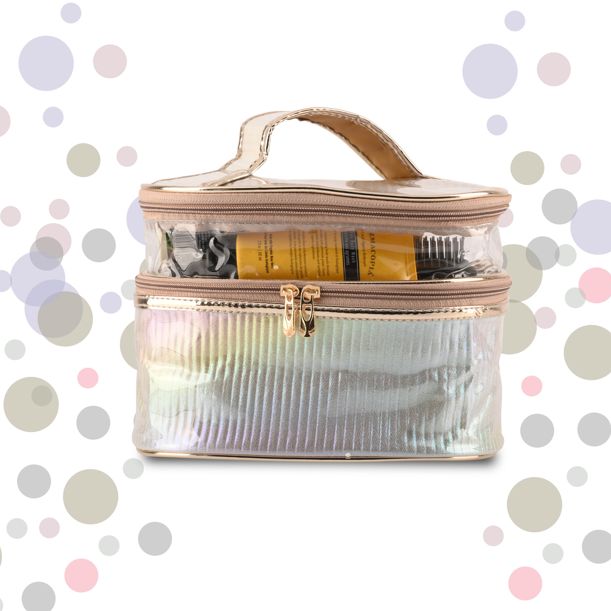 Kuber Industries Travel Storage Organizer  Dual Layer Cosmetic Bag with Handle  Visible Window Jewellery Kit  Travel Makeup Pouch  Oval Shape Toiletries Bag  Rainbow-Design  Golden