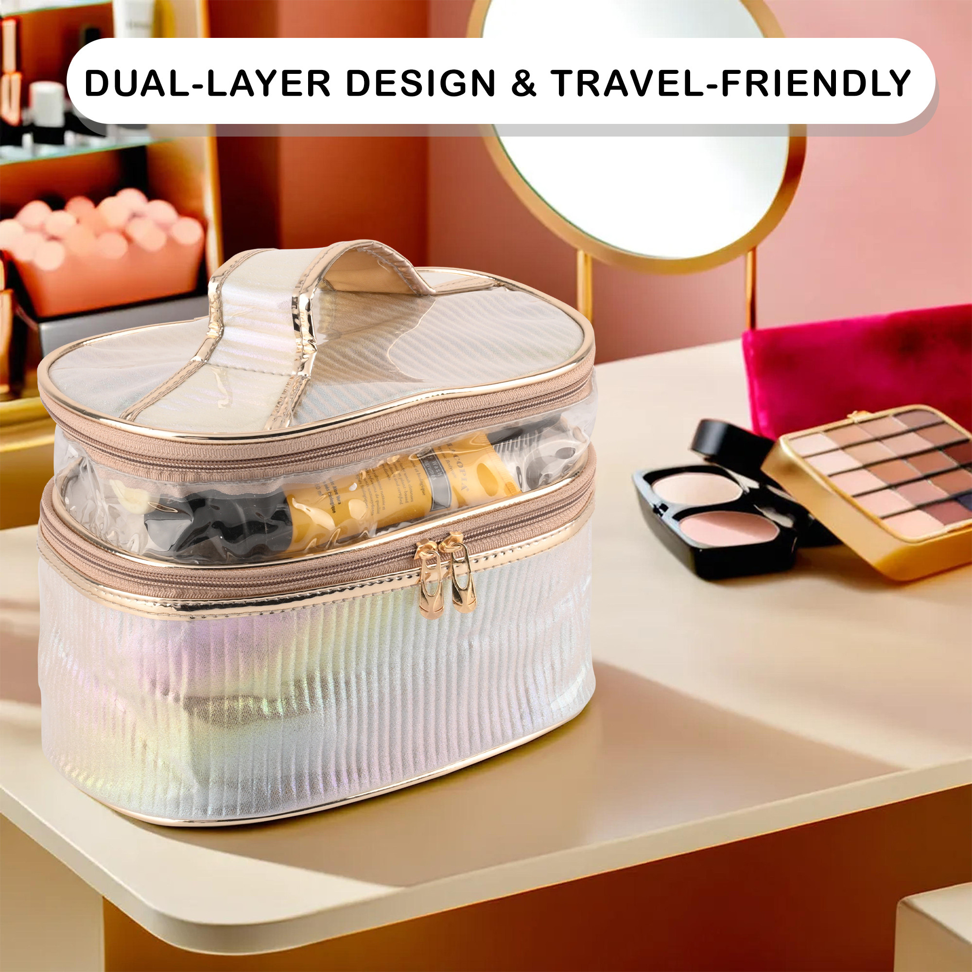Kuber Industries Travel Storage Organizer  Dual Layer Cosmetic Bag with Handle  Visible Window Jewellery Kit  Travel Makeup Pouch  Oval Shape Toiletries Bag  Rainbow-Design  Golden