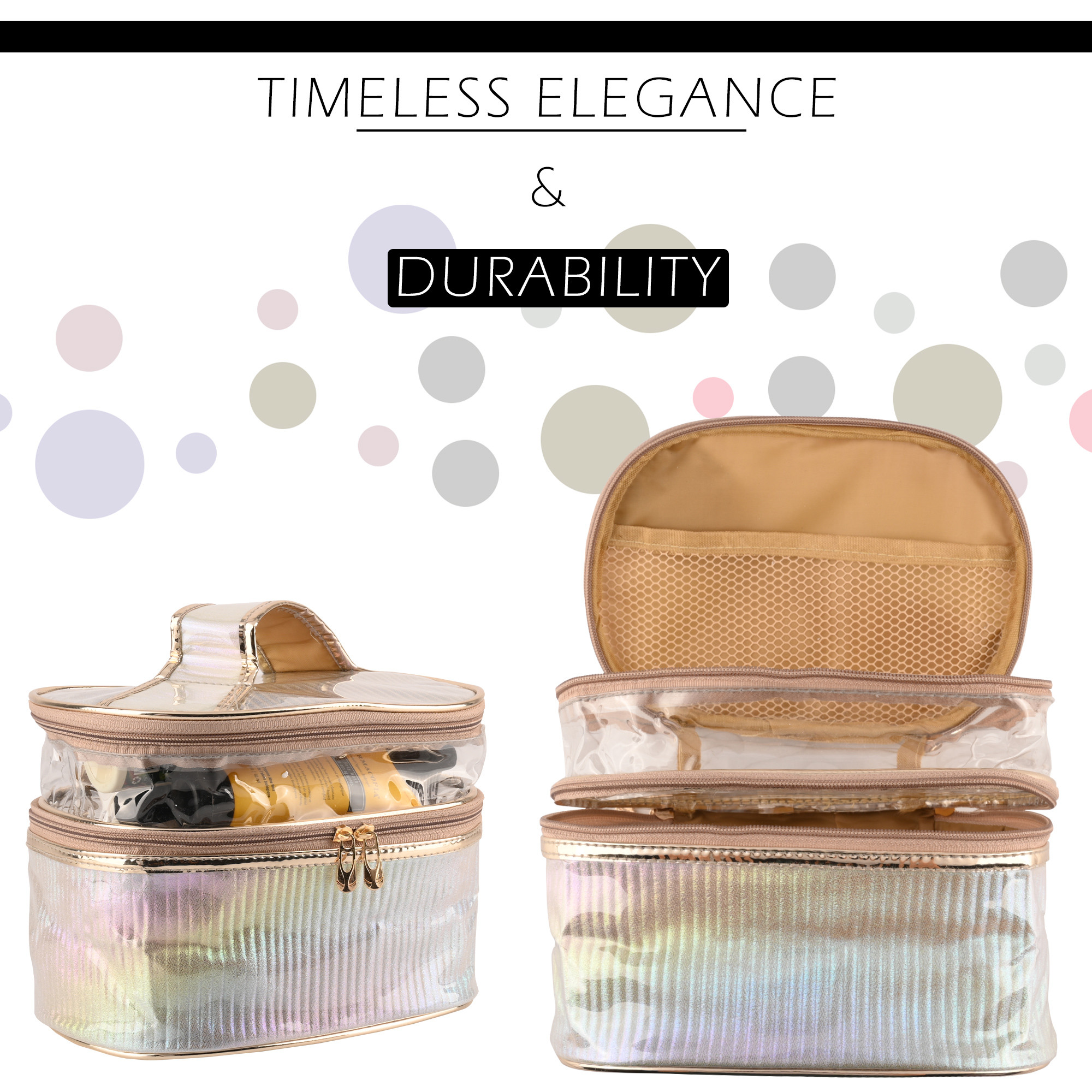 Kuber Industries Travel Storage Organizer  Dual Layer Cosmetic Bag with Handle  Visible Window Jewellery Kit  Travel Makeup Pouch  Oval Shape Toiletries Bag  Rainbow-Design  Golden