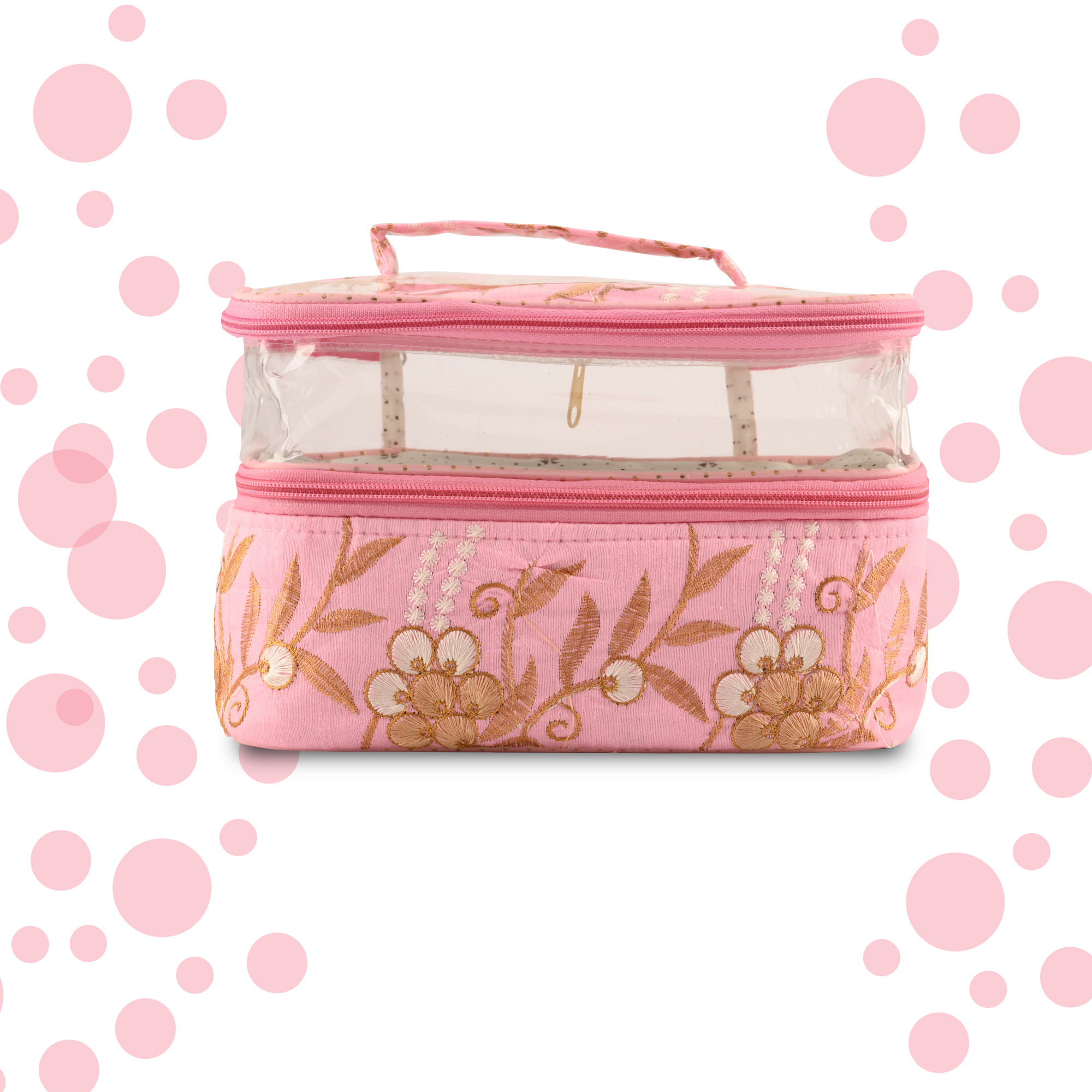 Kuber Industries Travel Storage Organizer  Dual Layer Cosmetic Bag with Handle  Visible Window Jewellery Kit  Toiletries Storage Bag  Travel Makeup Pouch  Embroidery Design  Pink