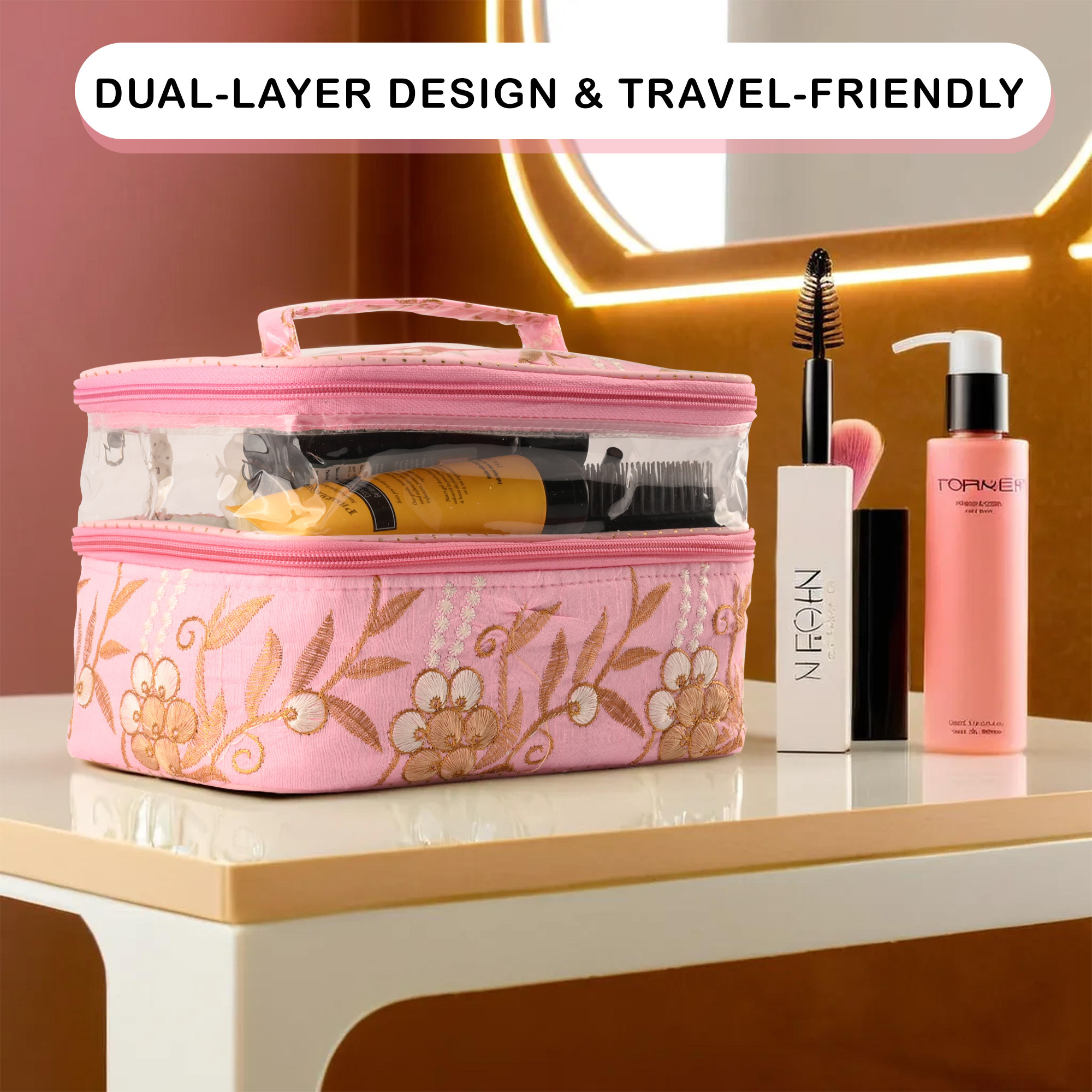 Kuber Industries Travel Storage Organizer  Dual Layer Cosmetic Bag with Handle  Visible Window Jewellery Kit  Toiletries Storage Bag  Travel Makeup Pouch  Embroidery Design  Pink
