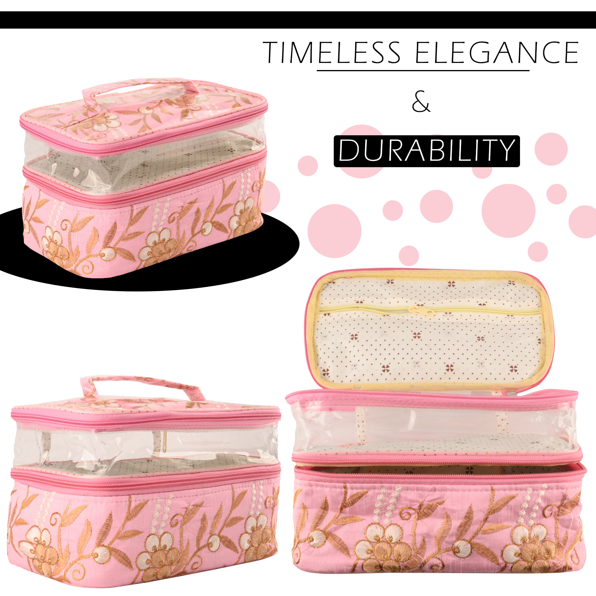 Kuber Industries Travel Storage Organizer  Dual Layer Cosmetic Bag with Handle  Visible Window Jewellery Kit  Toiletries Storage Bag  Travel Makeup Pouch  Embroidery Design  Pink