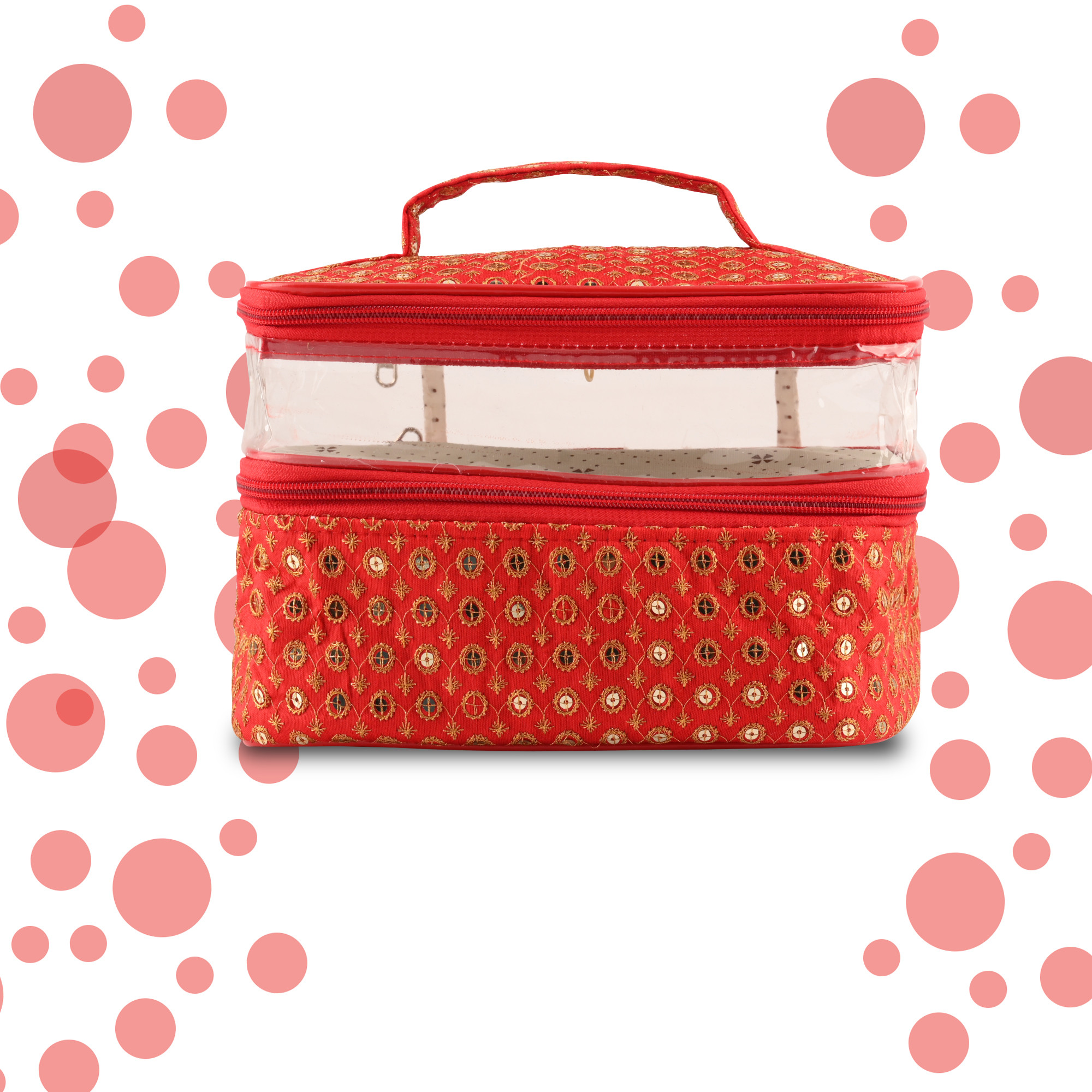 Kuber Industries Travel Storage Organizer  Dual Layer Cosmetic Bag with Handle  Visible Window Jewellery Kit  Toiletries Storage Bag  Travel Makeup Pouch  Tikli-Design  Red