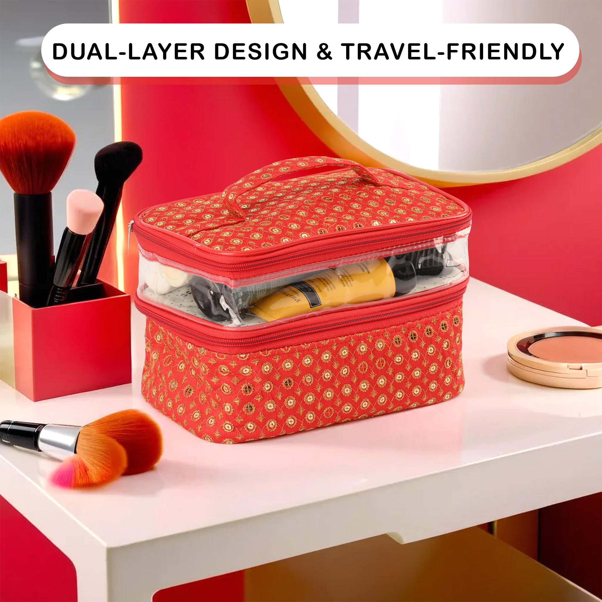 Kuber Industries Travel Storage Organizer  Dual Layer Cosmetic Bag with Handle  Visible Window Jewellery Kit  Toiletries Storage Bag  Travel Makeup Pouch  Tikli-Design  Red