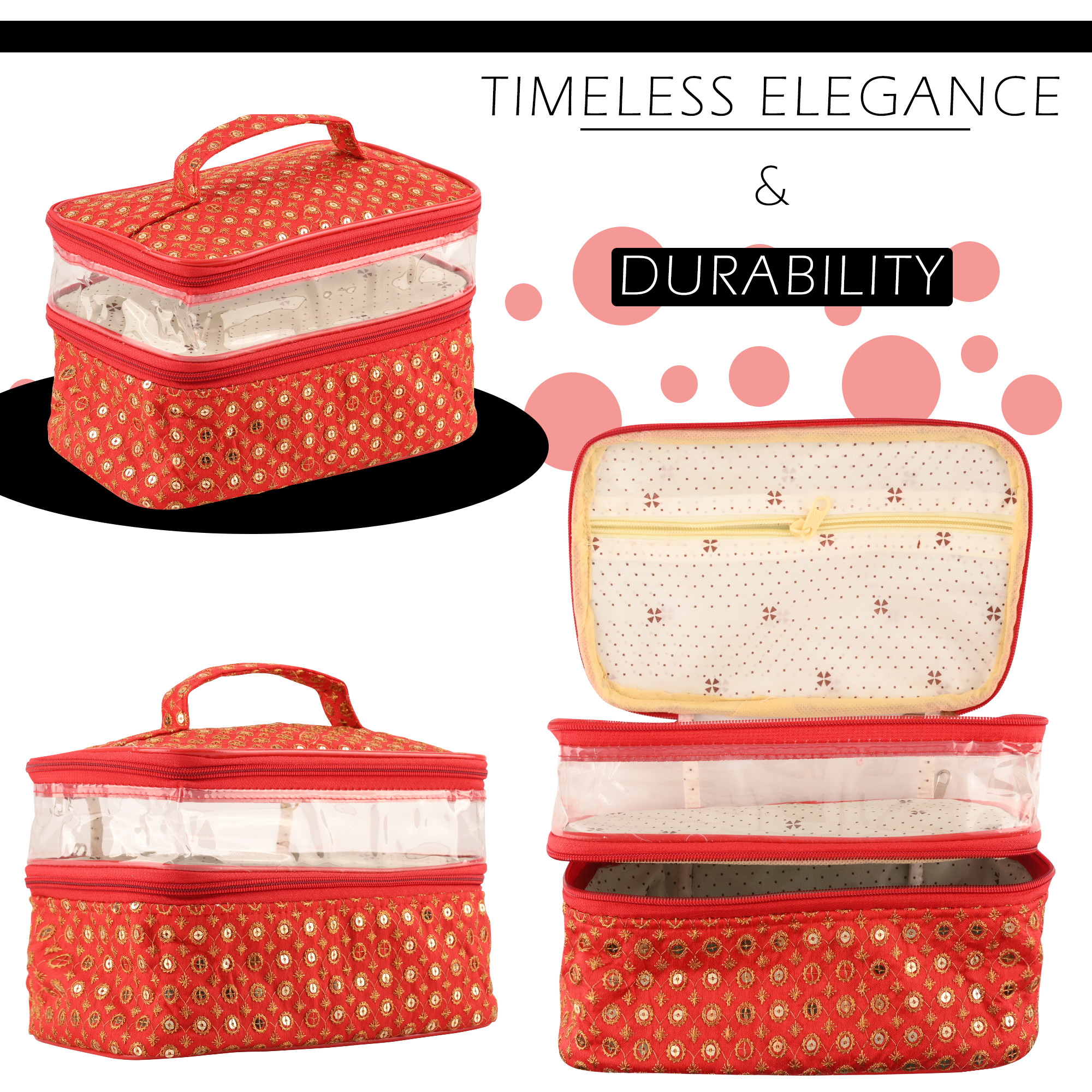 Kuber Industries Travel Storage Organizer  Dual Layer Cosmetic Bag with Handle  Visible Window Jewellery Kit  Toiletries Storage Bag  Travel Makeup Pouch  Tikli-Design  Red