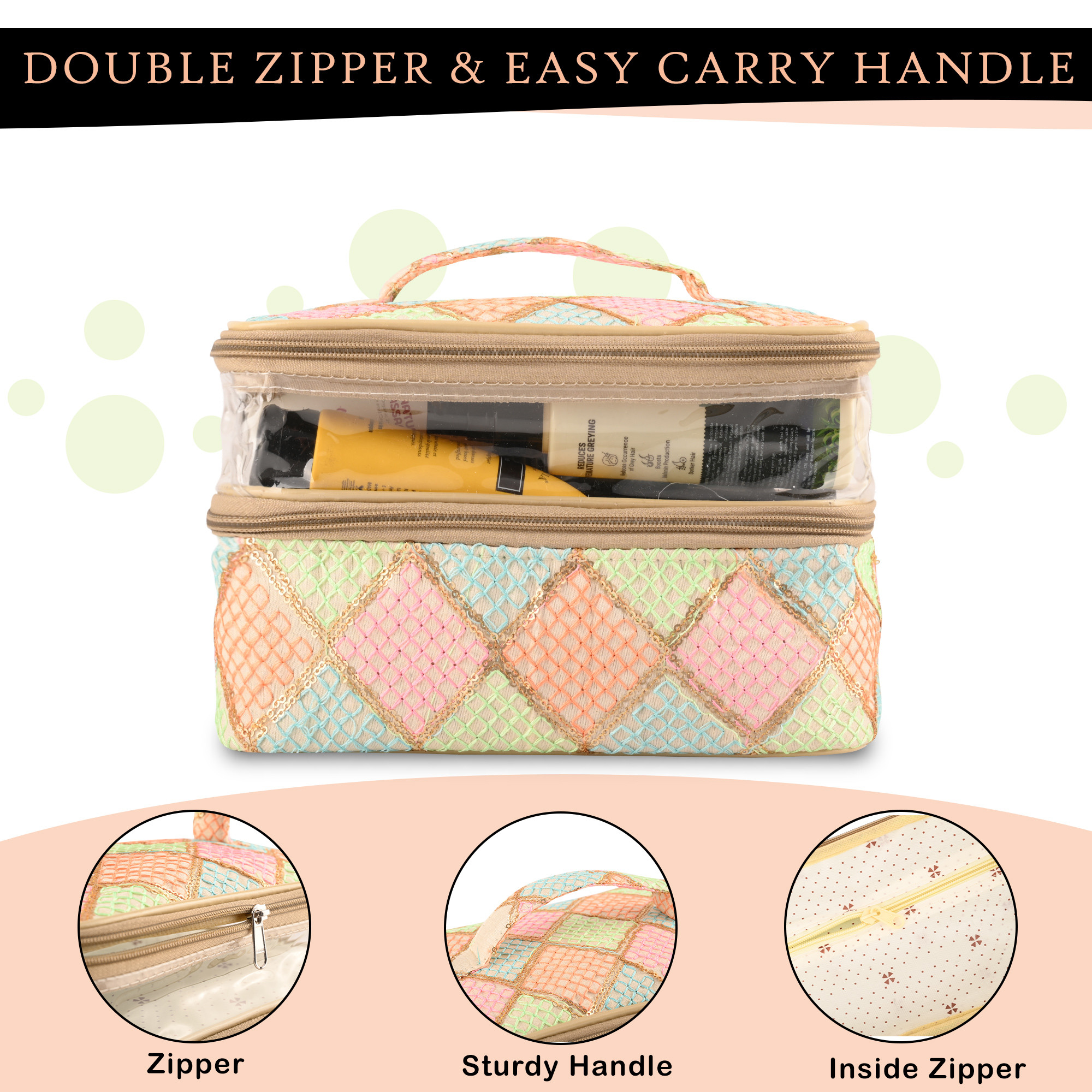 Kuber Industries Travel Storage Organizer  Dual Layer Cosmetic Bag with Handle  Visible Window Jewellery Kit  Toiletries Storage Bag  Travel Makeup Pouch  Check Tikli-Design  Cream