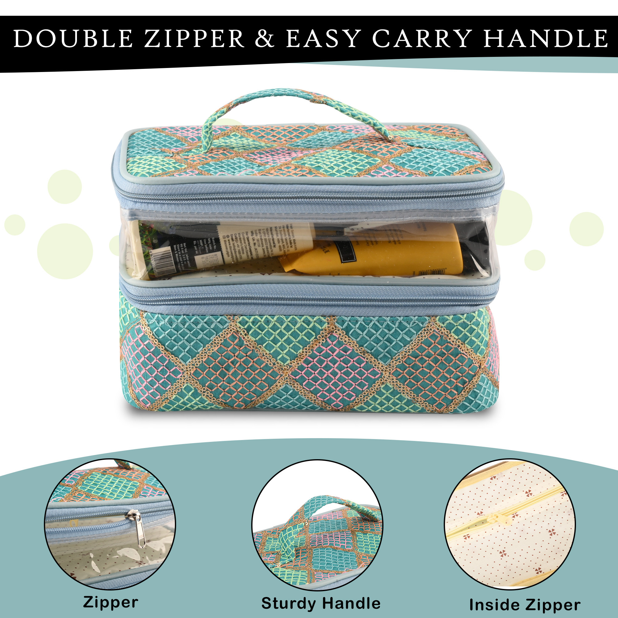 Kuber Industries Travel Storage Organizer  Dual Layer Cosmetic Bag with Handle  Visible Window Jewellery Kit  Toiletries Storage Bag  Travel Makeup Pouch  Check Tikli-Design  Green