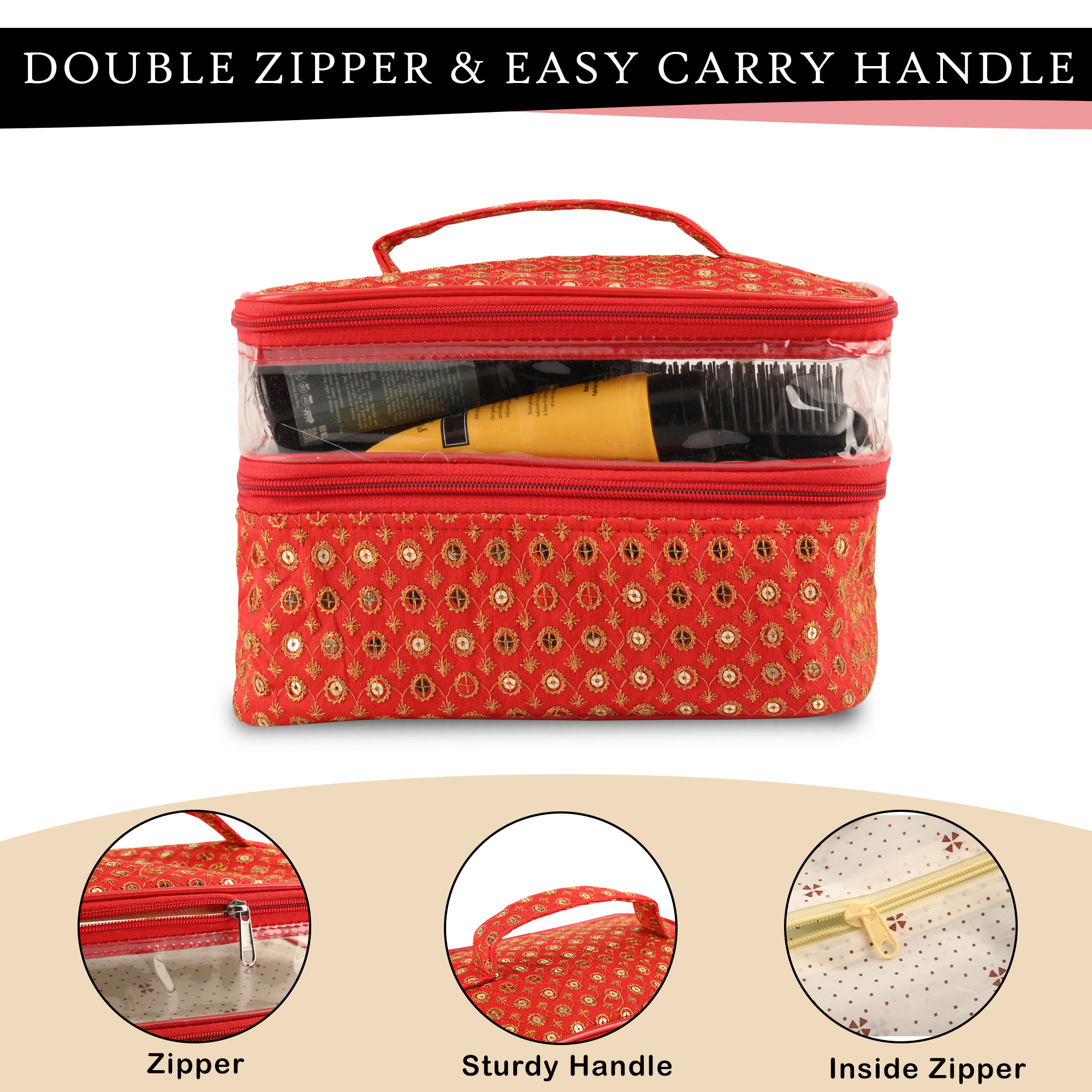 Kuber Industries Travel Storage Organizer  Dual Layer Cosmetic Bag with Handle  Visible Window Jewellery Kit  Toiletries Storage Bag  Travel Makeup Pouch  Tikli-Design  Red
