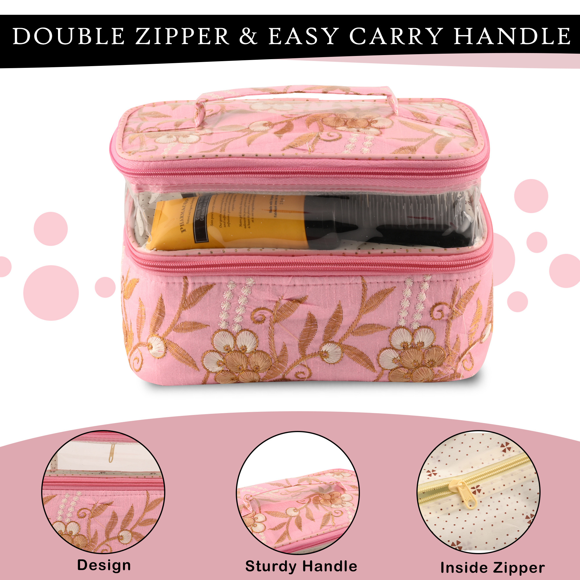 Kuber Industries Travel Storage Organizer  Dual Layer Cosmetic Bag with Handle  Visible Window Jewellery Kit  Toiletries Storage Bag  Travel Makeup Pouch  Embroidery Design  Pink