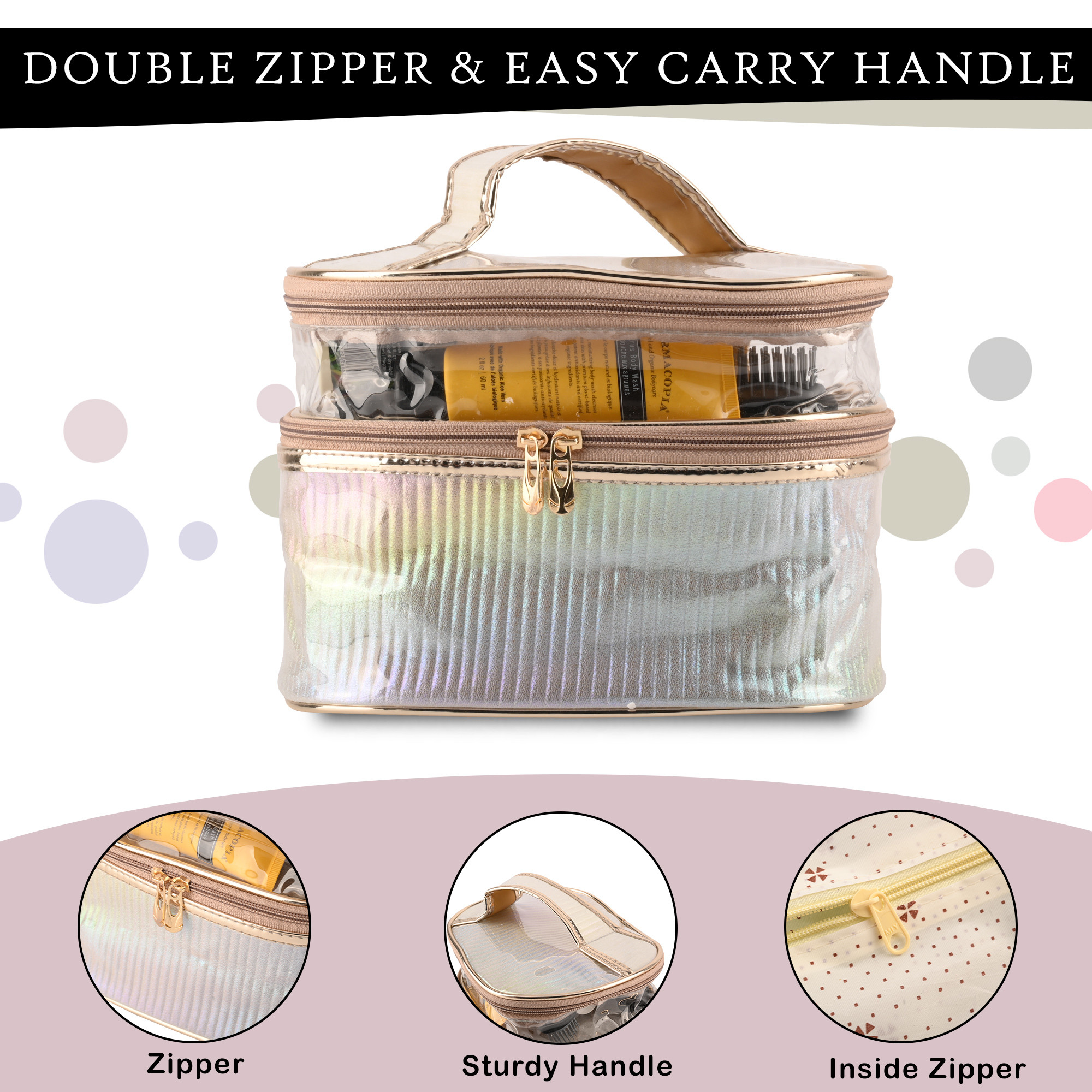 Kuber Industries Travel Storage Organizer  Dual Layer Cosmetic Bag with Handle  Visible Window Jewellery Kit  Travel Makeup Pouch  Oval Shape Toiletries Bag  Rainbow-Design  Golden