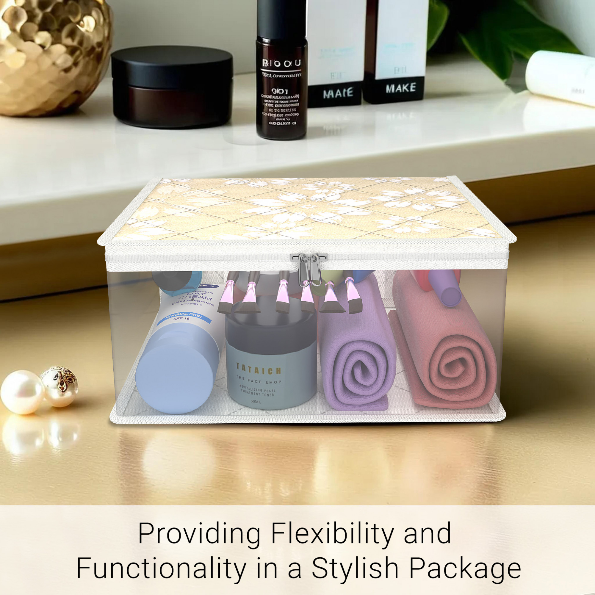 Kuber Industries Travel Storage Organizer  Space Saver Bags for Jewellery-Ring-Earring-Socks-Bra-Panty  Multi-Purpose Travel Toiletry Organizer Bag  Frill Utility Pouch  Flower Quilted  Golden