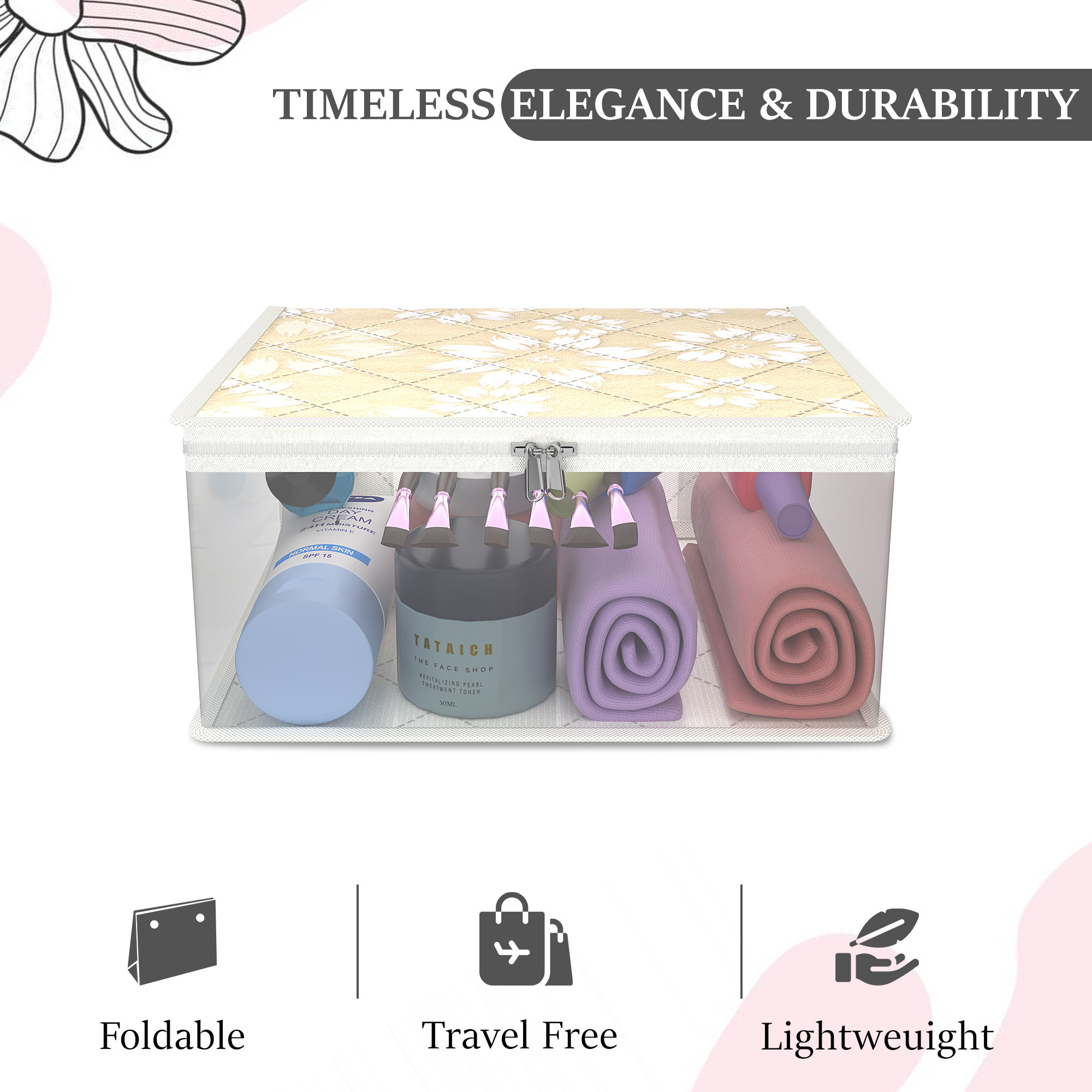 Kuber Industries Travel Storage Organizer  Space Saver Bags for Jewellery-Ring-Earring-Socks-Bra-Panty  Multi-Purpose Travel Toiletry Organizer Bag  Frill Utility Pouch  Flower Quilted  Golden