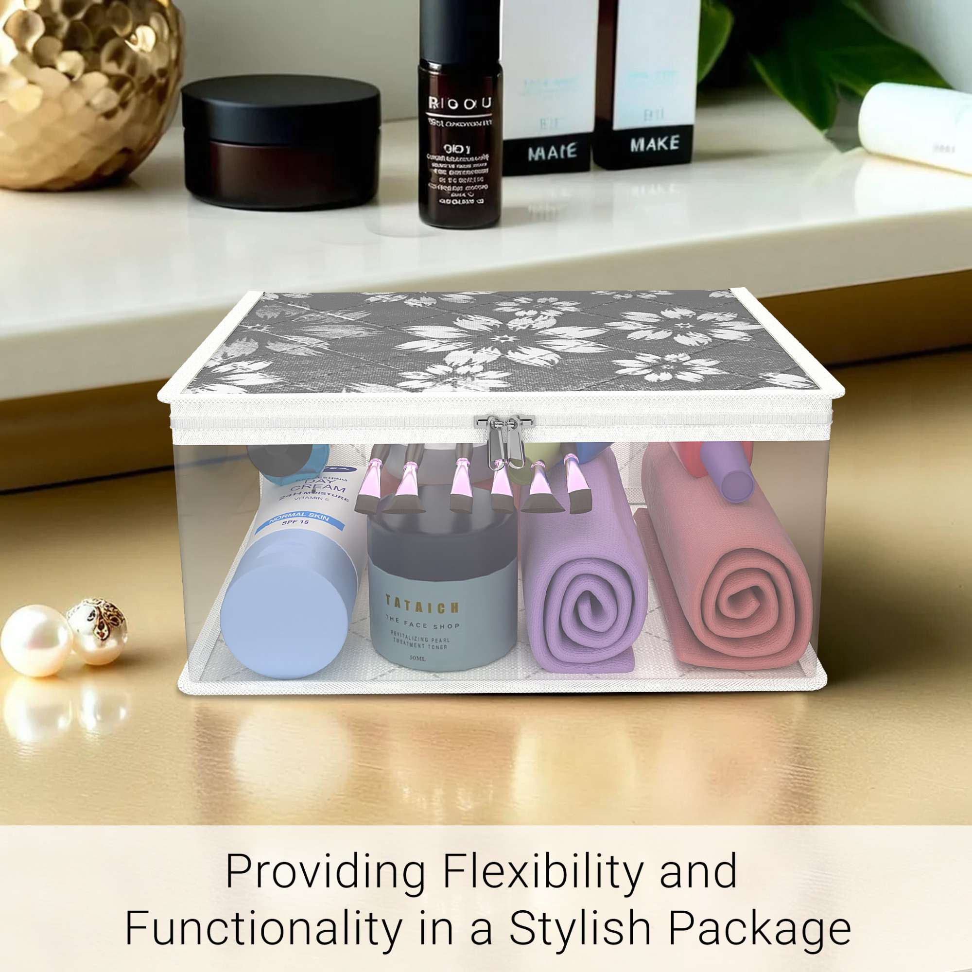 Kuber Industries Travel Storage Organizer  Space Saver Bags for Jewellery-Ring-Earring-Socks-Bra-Panty  Multi-Purpose Travel Toiletry Organizer Bag  Frill Utility Pouch  Flower Quilted  Gray