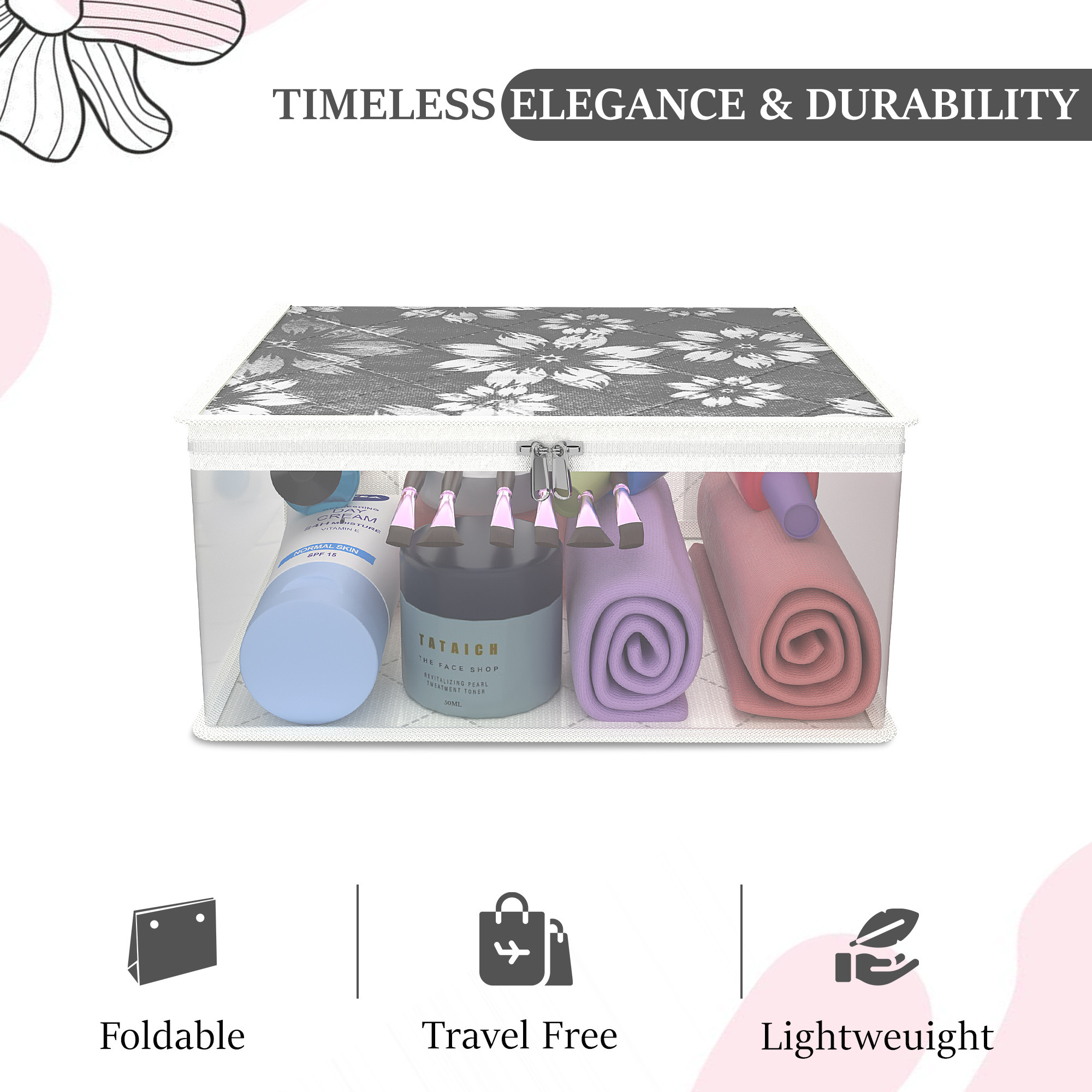 Kuber Industries Travel Storage Organizer  Space Saver Bags for Jewellery-Ring-Earring-Socks-Bra-Panty  Multi-Purpose Travel Toiletry Organizer Bag  Frill Utility Pouch  Flower Quilted  Gray