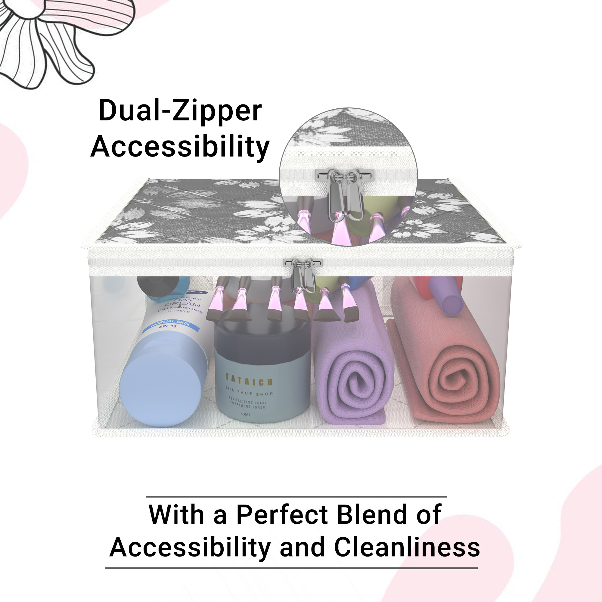 Kuber Industries Travel Storage Organizer  Space Saver Bags for Jewellery-Ring-Earring-Socks-Bra-Panty  Multi-Purpose Travel Toiletry Organizer Bag  Frill Utility Pouch  Flower Quilted  Gray