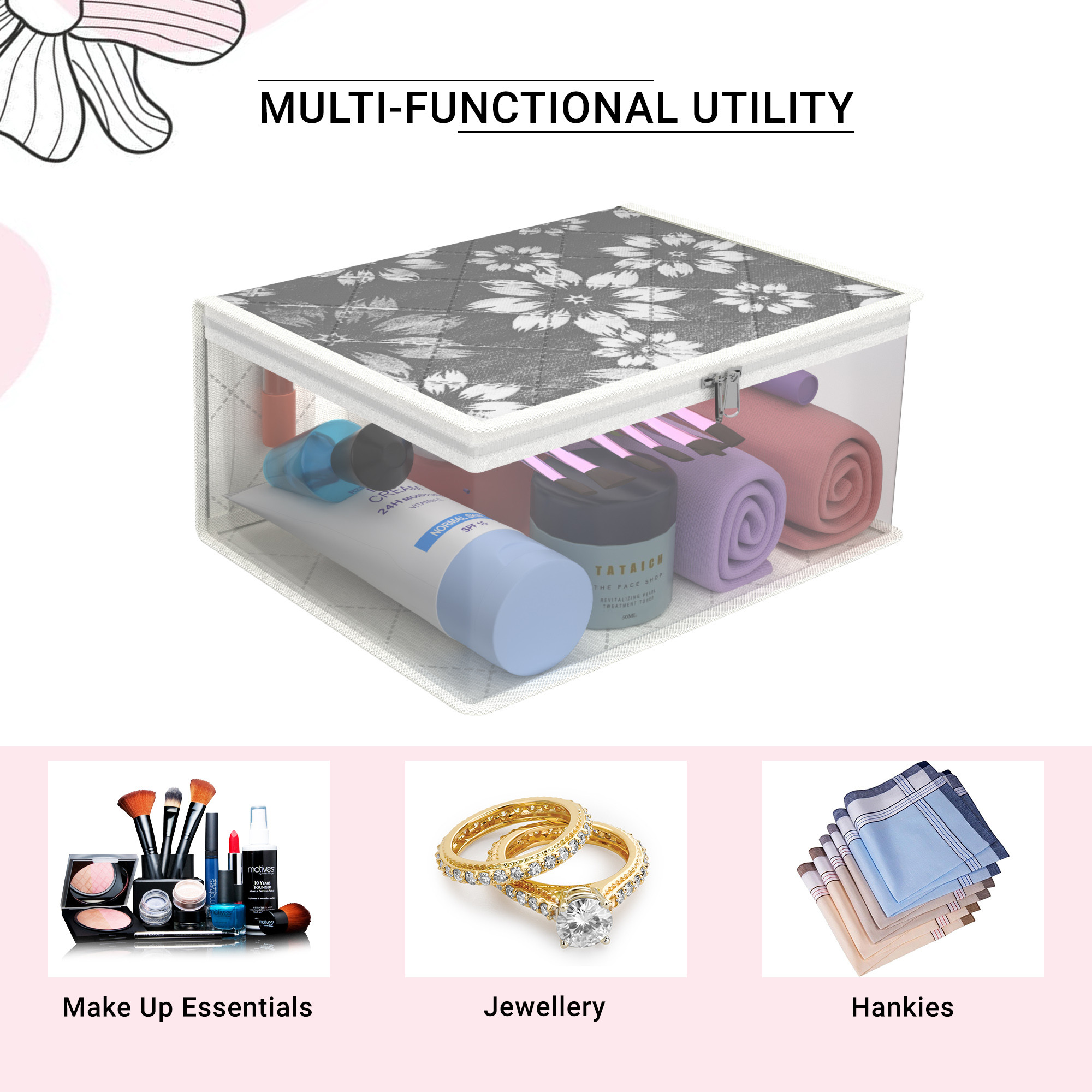 Kuber Industries Travel Storage Organizer  Space Saver Bags for Jewellery-Ring-Earring-Socks-Bra-Panty  Multi-Purpose Travel Toiletry Organizer Bag  Frill Utility Pouch  Flower Quilted  Gray