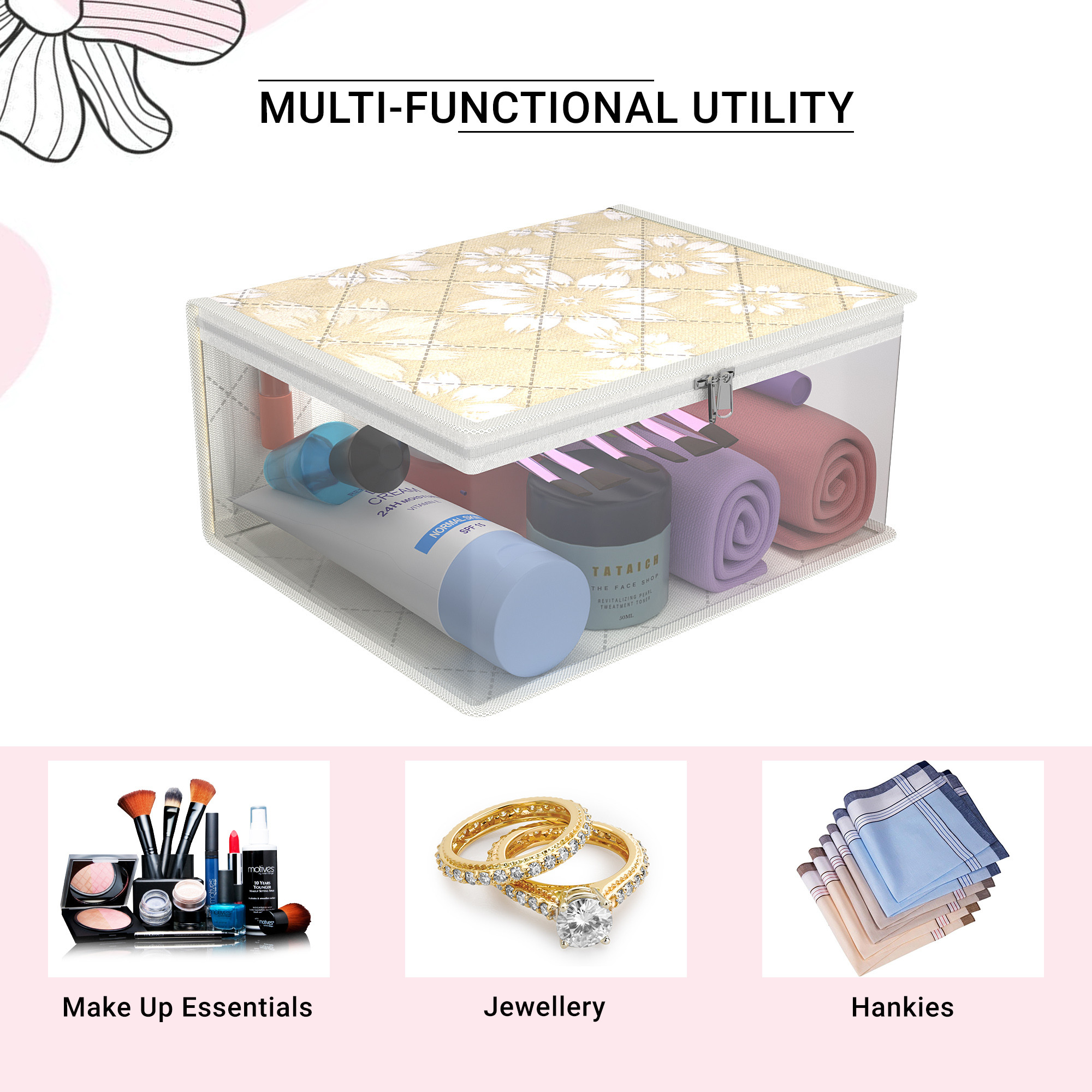 Kuber Industries Travel Storage Organizer  Space Saver Bags for Jewellery-Ring-Earring-Socks-Bra-Panty  Multi-Purpose Travel Toiletry Organizer Bag  Frill Utility Pouch  Flower Quilted  Golden