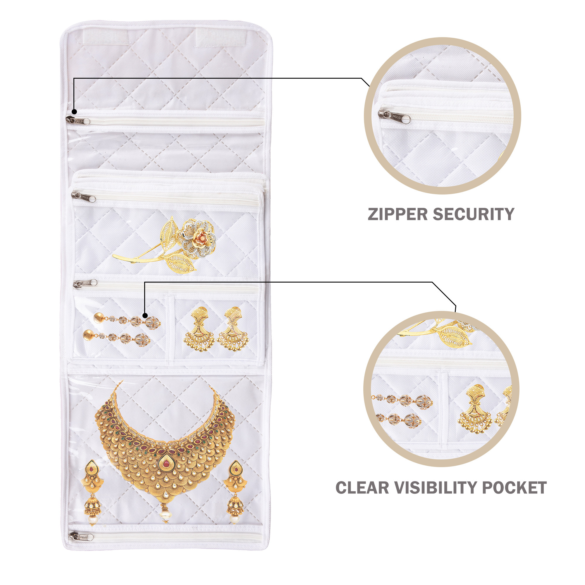 Kuber Industries Travel Storage Organizer  Space Saver Bags for Underwear-Socks-Bra-Panty-Jewellery  Multi-Purpose Toiletry Bag with Handle  15 Zipper Utility Pouches  Flower Quilted  Golden