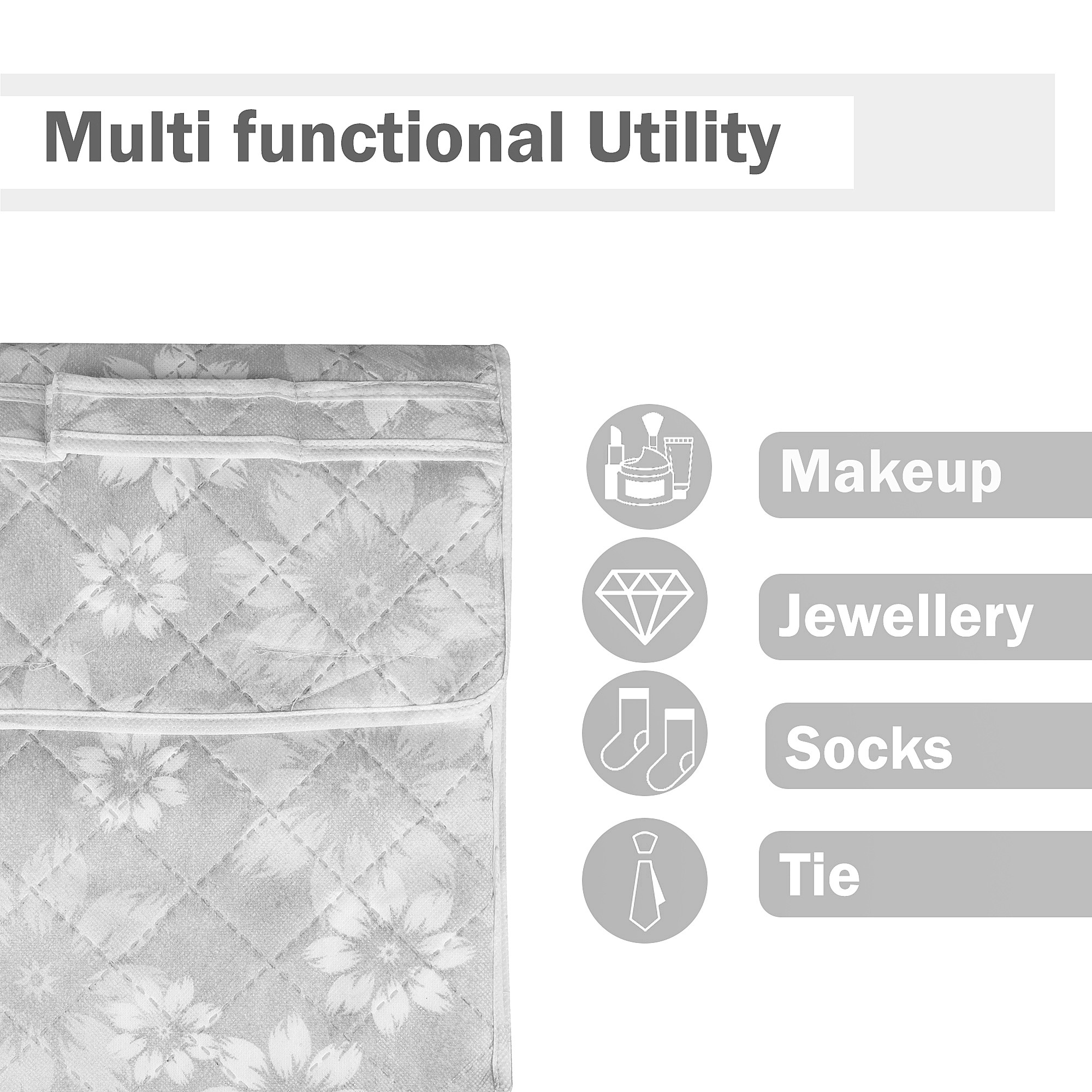 Kuber Industries Travel Storage Organizer  Space Saver Bags for Underwear-Socks-Bra-Panty-Jewellery  Multi-Purpose Toiletry Bag with Handle  15 Zipper Utility Pouches  Flower Quilted  Gray