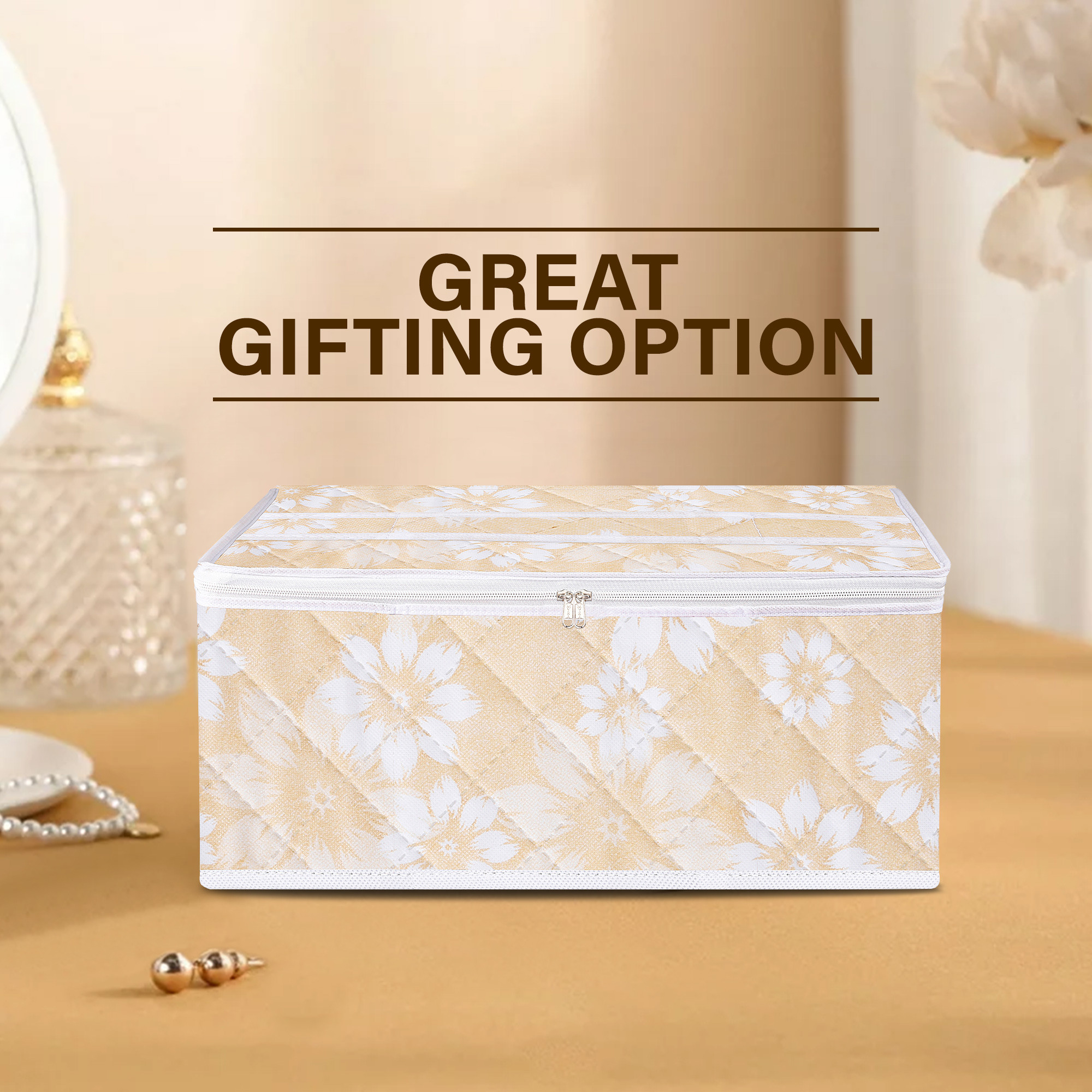 Kuber Industries Travel Storage Organizer  Toiletry Bag for Jewellery-Watches-Bracelets  Multi-Purpose Storage Bag with Handle  6 Pocket Travel Utility Pouches  Flower Quilted  Golden