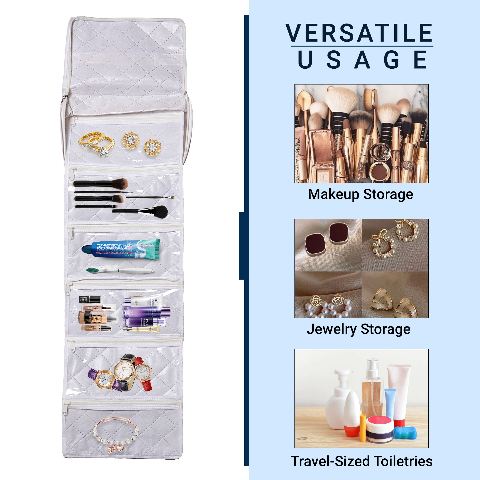 Kuber Industries Travel Storage Organizer  Toiletry Bag for Jewellery-Watches-Bracelets  Multi-Purpose Storage Bag with Handle  6 Pocket Travel Utility Pouches  Flower Quilted  Golden