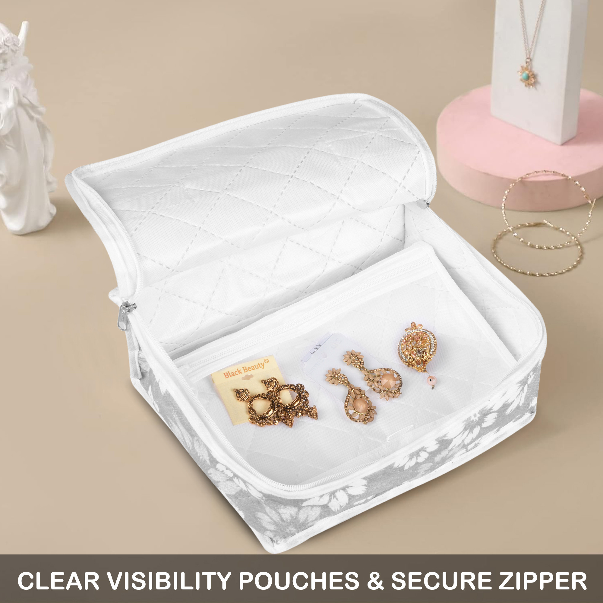 Kuber Industries Travel Storage Organizer  Toiletry Bag for Jewellery-Watches-Bracelets  Multi-Purpose Storage Bag with Handle  6 Pocket Travel Utility Pouches  Flower Quilted  Gray