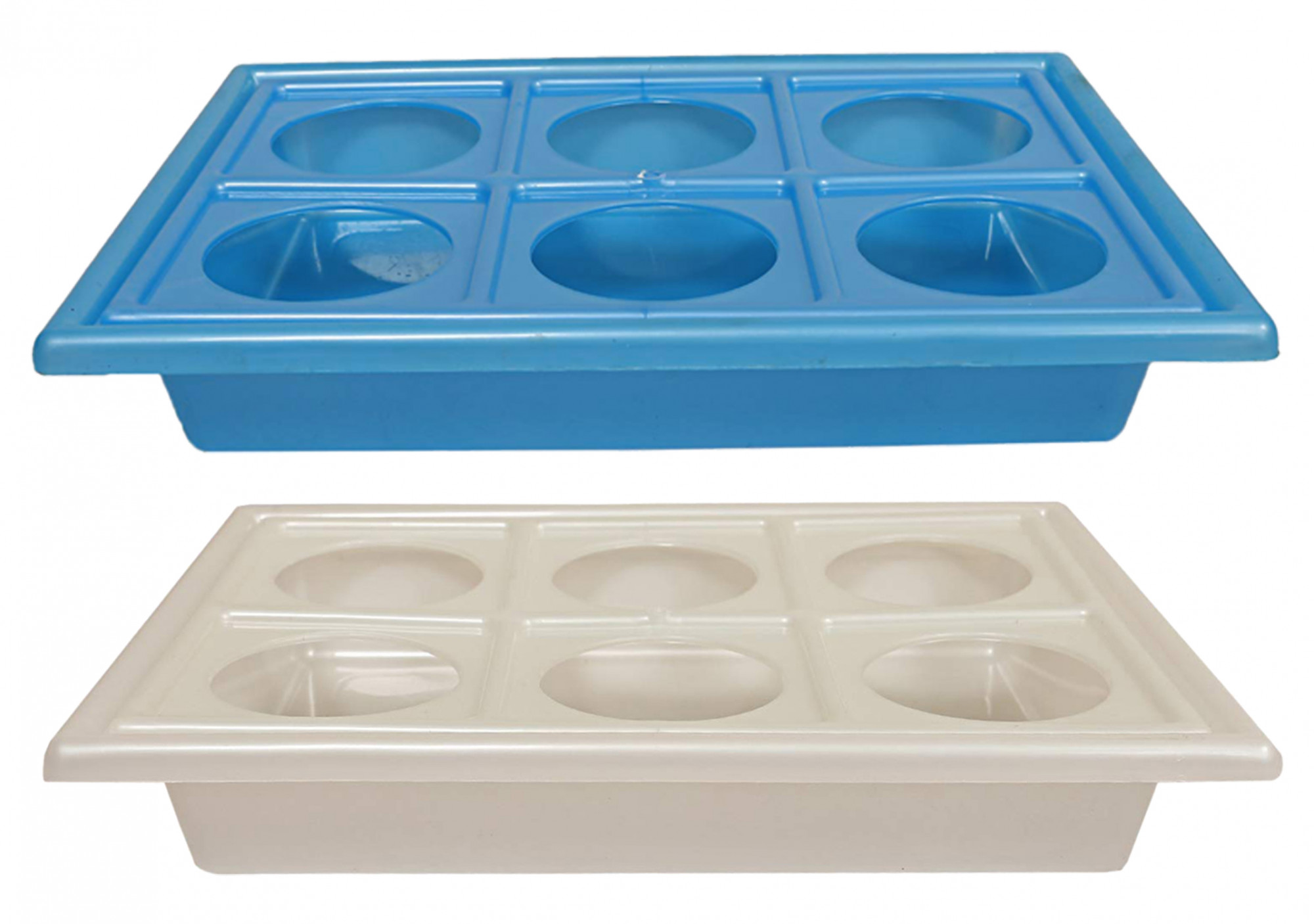 Kuber Industries Tray with Cutout Handles, Cup Display for Kitchenware, Plastic Glass Holder, One Size, 6 Slots-Pack of 2 (Blue & White)