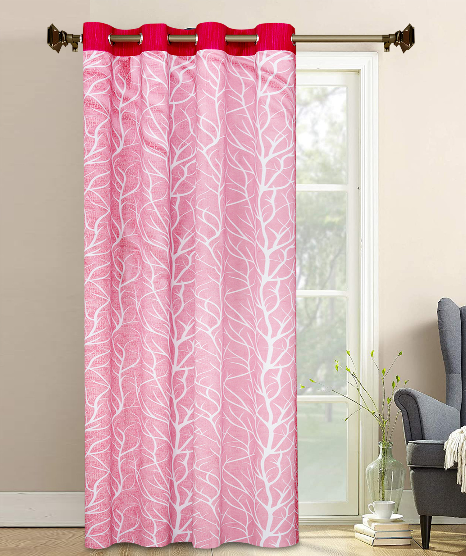 Kuber Industries Tree Printed 7 Feet Door Curtain For Living Room, Bed Room, Kids Room With 8 Eyelet (Pink)-HS43KUBMART25581
