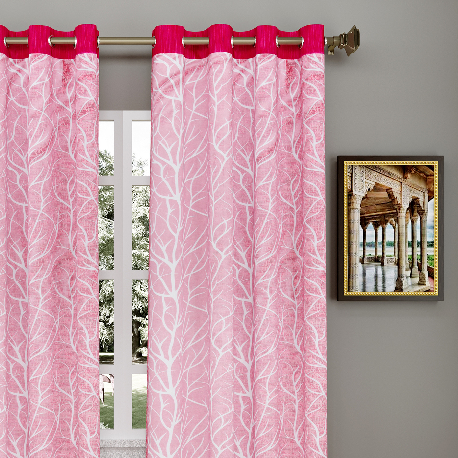 Kuber Industries Tree Printed 7 Feet Door Curtain For Living Room, Bed Room, Kids Room With 8 Eyelet (Pink)-HS43KUBMART25581