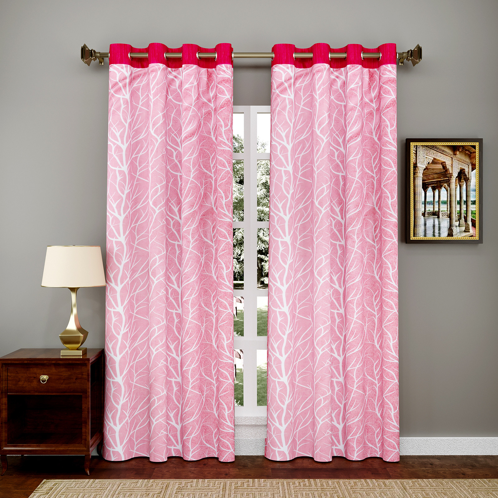 Kuber Industries Tree Printed 7 Feet Door Curtain For Living Room, Bed Room, Kids Room With 8 Eyelet (Pink)-HS43KUBMART25581