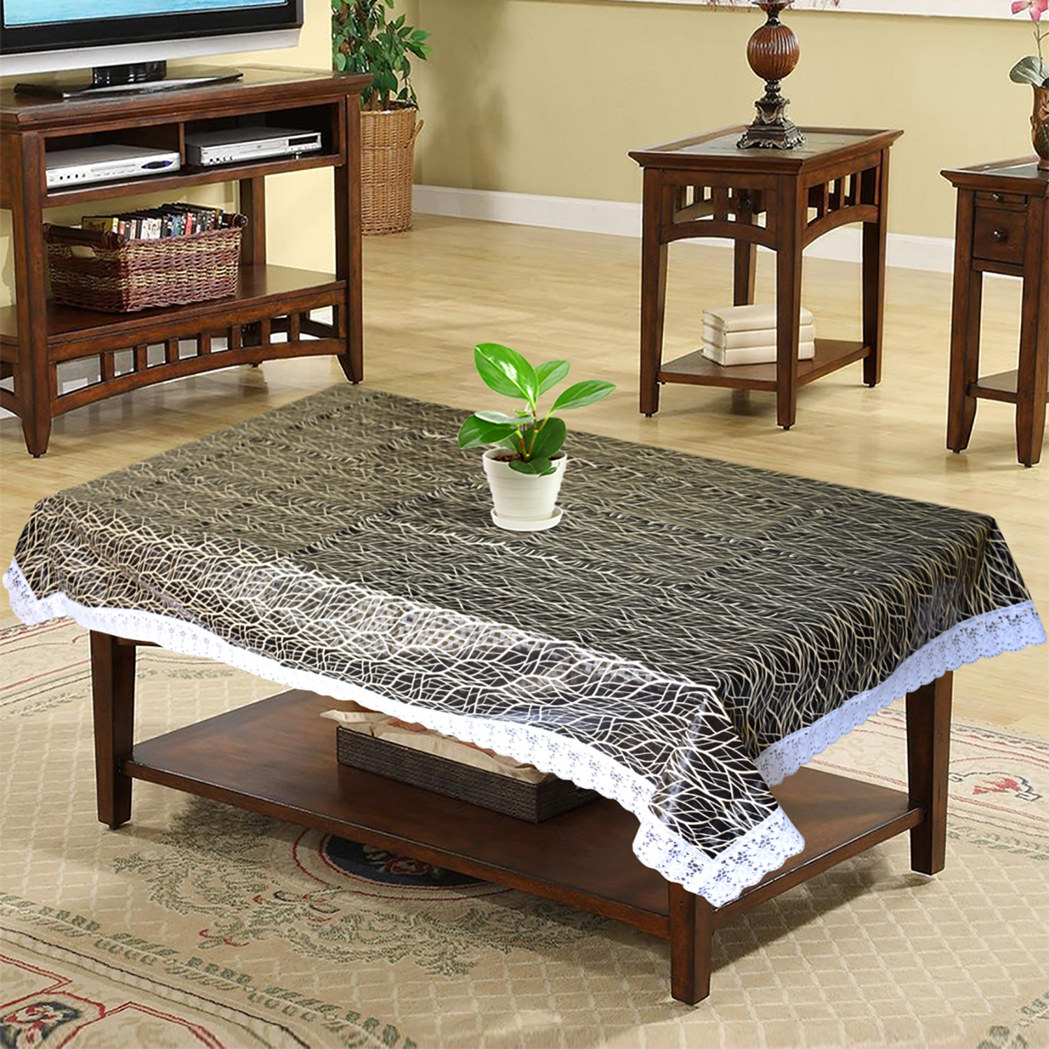 Kuber Industries Tree Printed PVC 4 Seater Center Table Cover, Protector With White Lace Border, 40