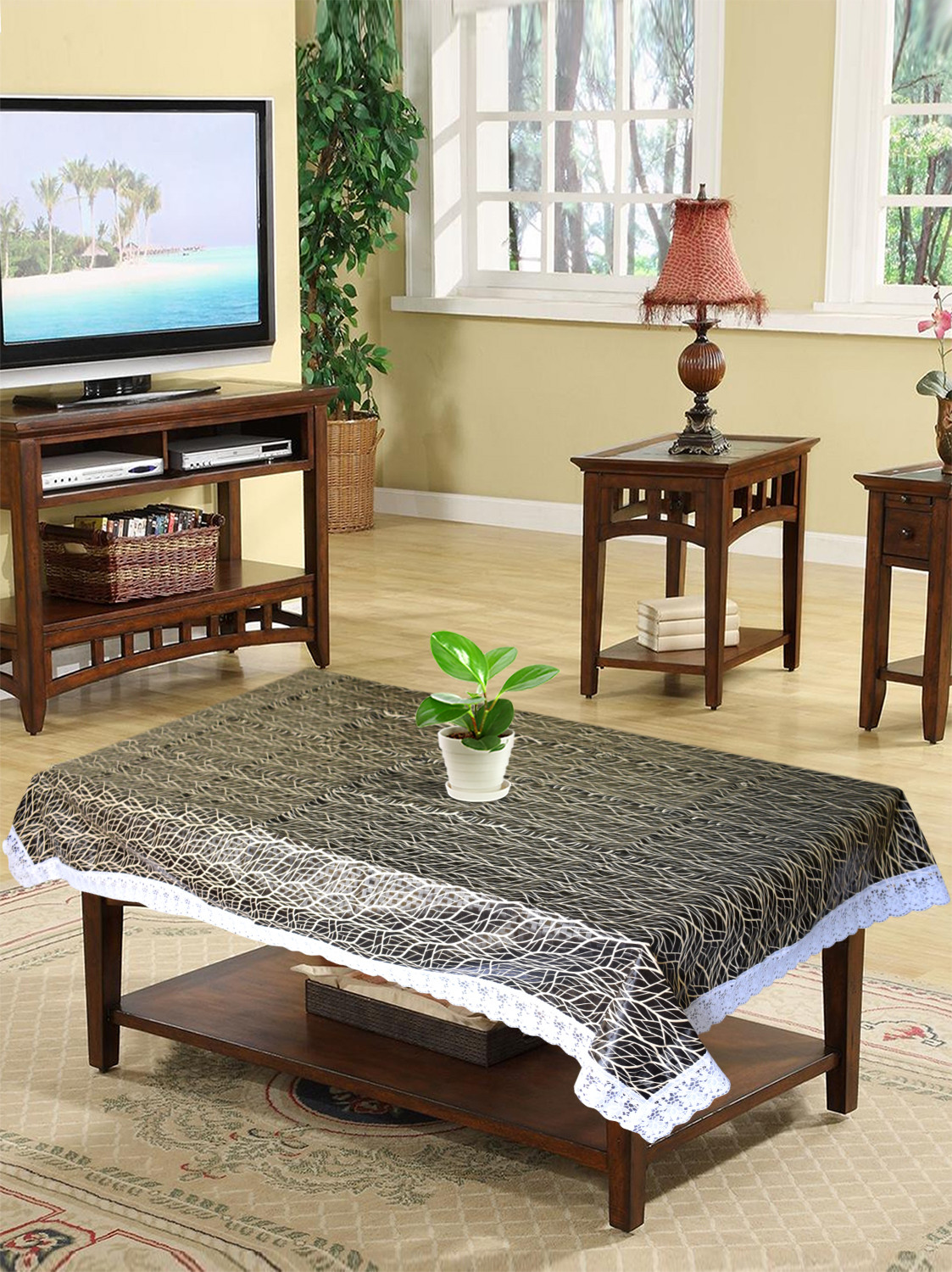 Kuber Industries Tree Printed PVC 4 Seater Center Table Cover, Protector With White Lace Border, 40