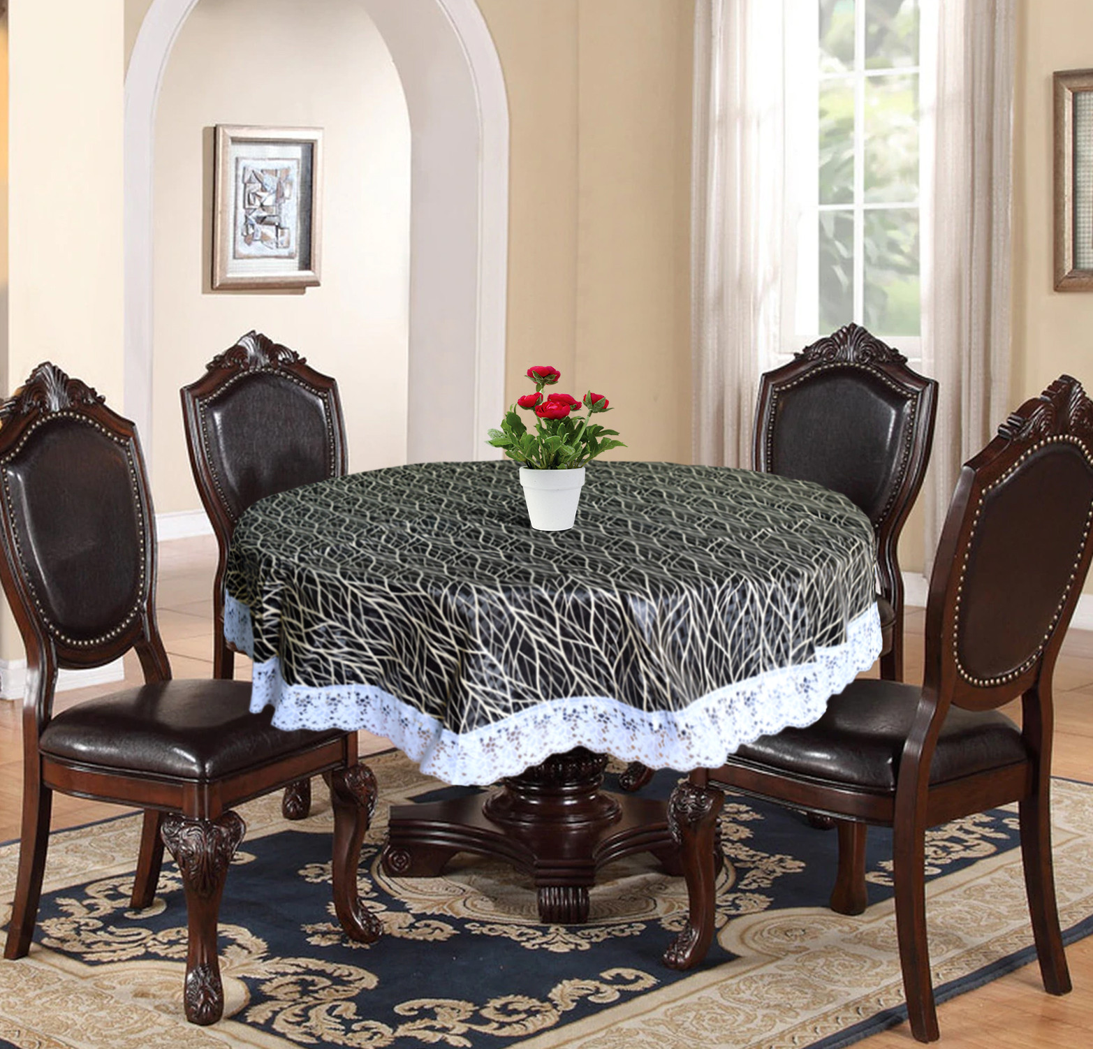 Kuber Industries Tree Printed PVC 4 Seater Round Shape Table Cover, Protector With White Lace Border, 60