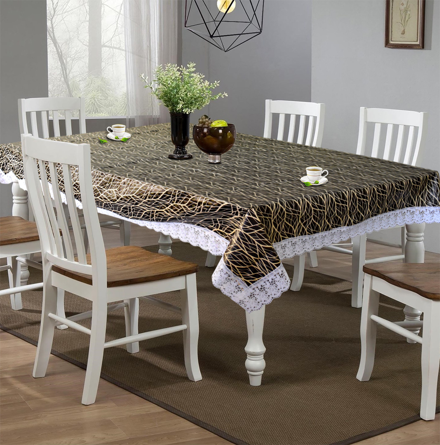 Kuber Industries Tree Printed PVC 6 Seater Dinning Table Cover, Protector With White Lace Border, 60