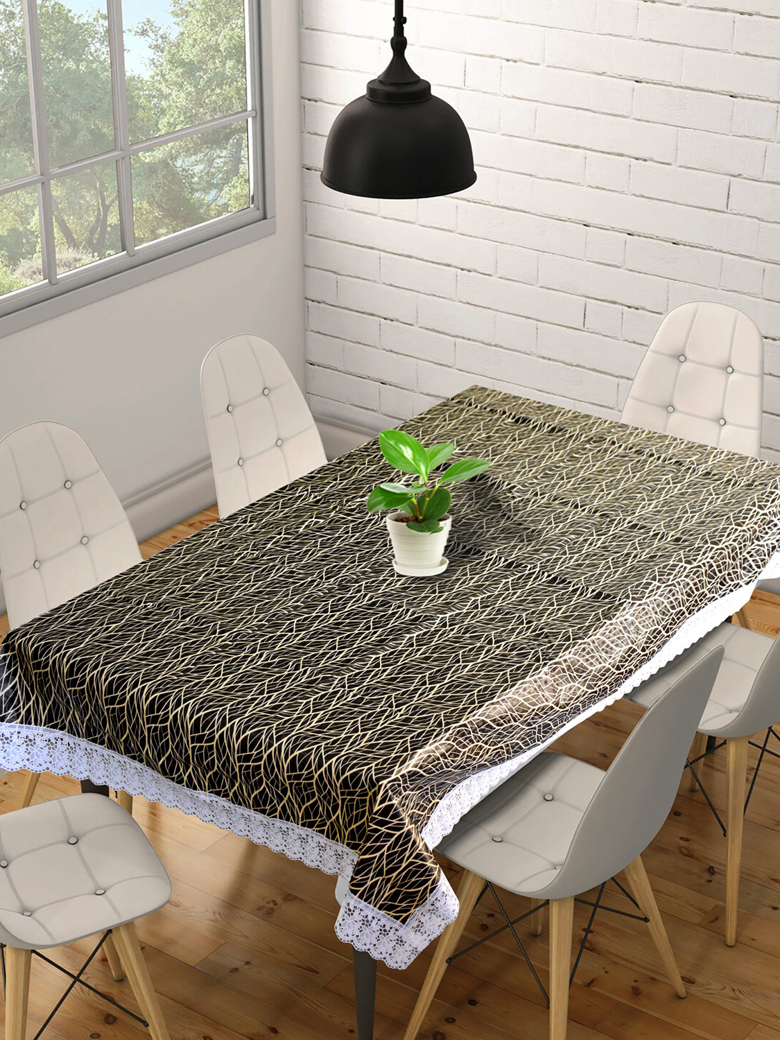 Kuber Industries Tree Printed PVC 6 Seater Dinning Table Cover, Protector With White Lace Border, 60