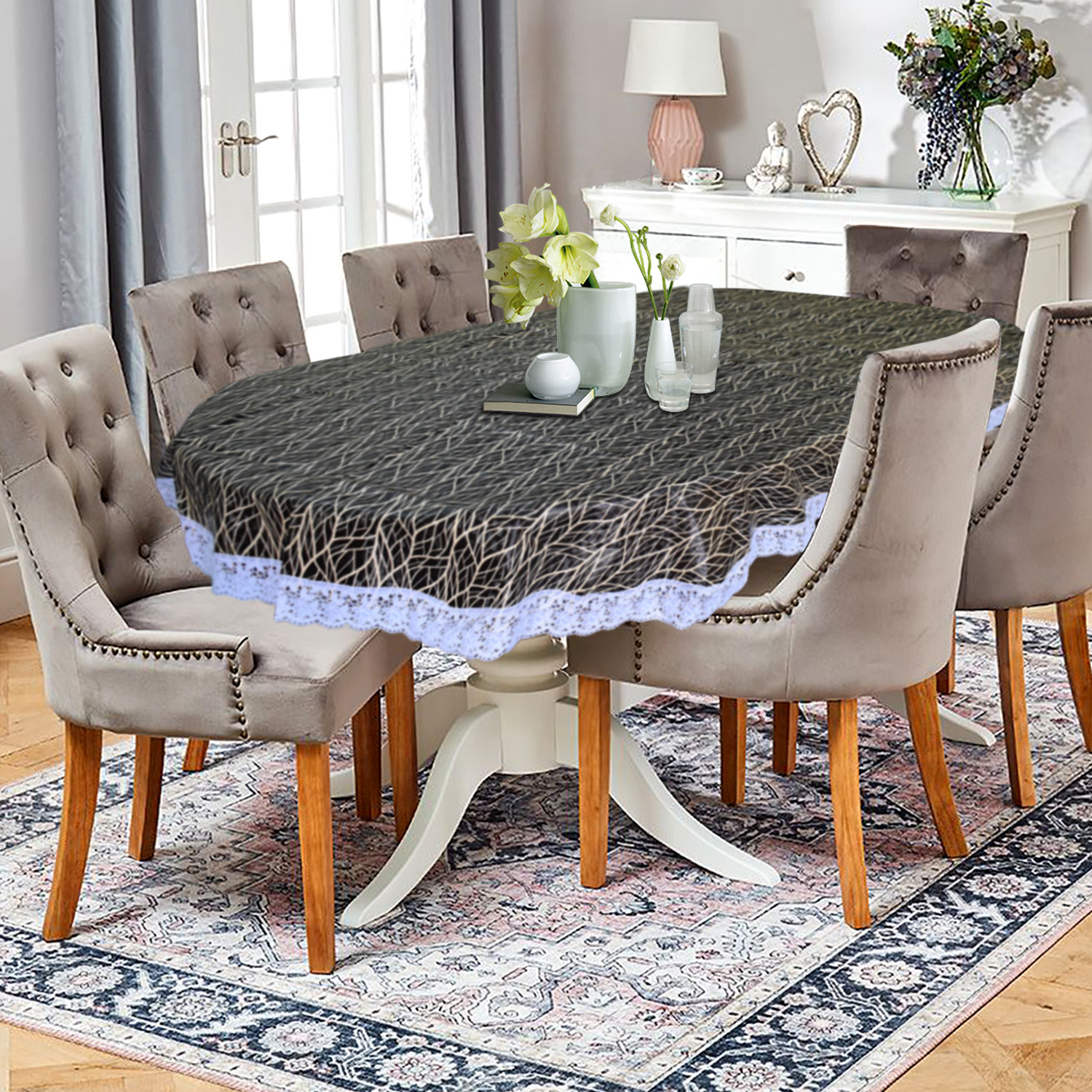 Kuber Industries Tree Printed PVC 6 Seater Oval Shape Table Cover, Protector With White Lace Border, 60