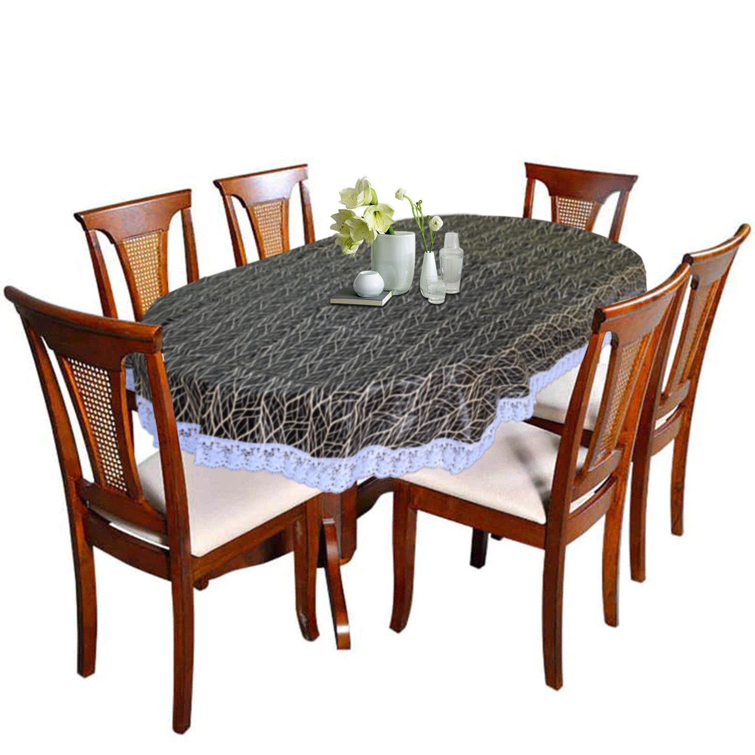 Kuber Industries Tree Printed PVC 6 Seater Oval Shape Table Cover, Protector With White Lace Border, 60