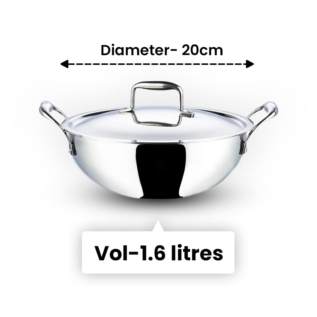Kuber Industries Tri-ply Stainless Steel Kadhai with lid I Induction Base I 1.6 litres Capacity I 20cm Diameter I Extra Deep Frying Pan I Riveted Handles