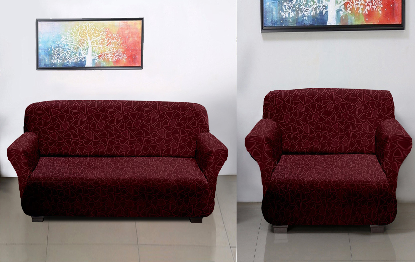 Kuber Industries Triangle Printed Stretchable, Non-Slip Polyster 1 & 3 Seater Sofa Cover/Slipcover/Protector Set With Foam Stick, Set of 2 (Maroon)