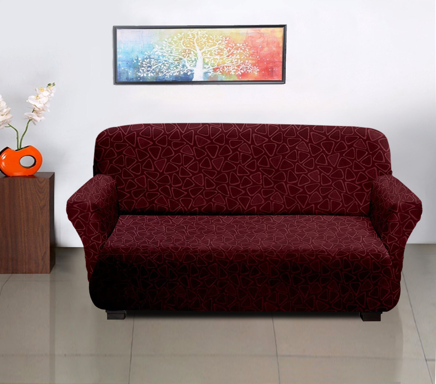 Kuber Industries Triangle Printed Stretchable, Non-Slip Polyster 3 Seater Sofa Cover/Slipcover/Protector With Foam Stick (Maroon)