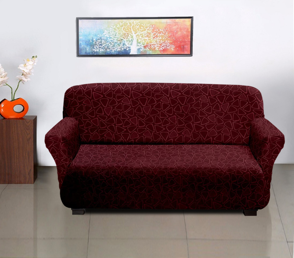 Kuber Industries Triangle Printed Stretchable, Non-Slip Polyster 3 Seater  Sofa Cover/Slipcover/Protector With Foam Stick (Maroon)