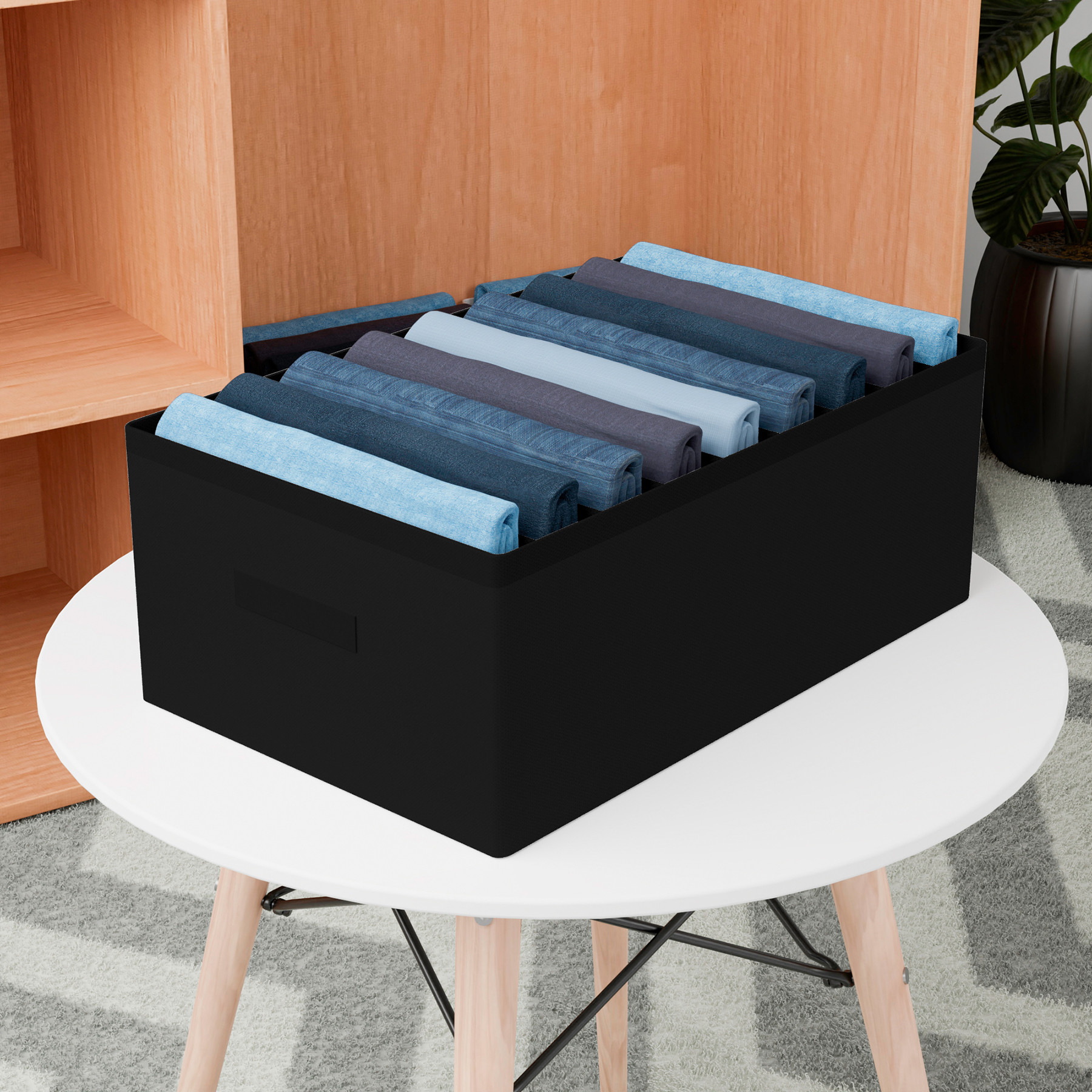 Kuber Industries Trouser Box  Wardrobe Organizer  Clothes Organizer  Storage Box for Pants-Shirt-Sweaters-Bra Panty-Socks  9-Grid Closet Organizer  Plain  Large  Black