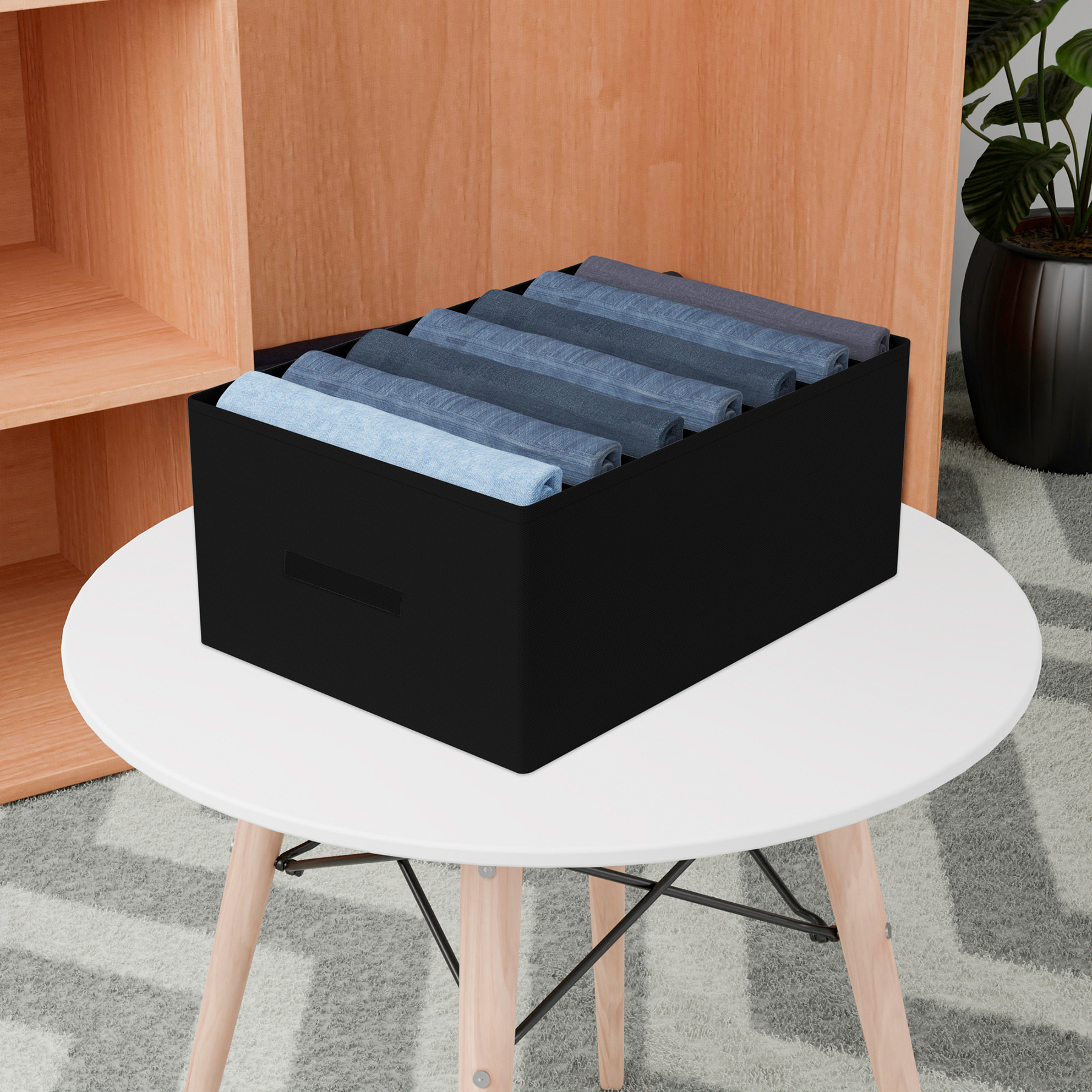 Kuber Industries Trouser Box  Wardrobe Organizer  Clothes Organizer  Storage Box for Pants-Shirt-Sweaters-Bra Panty-Socks  7-Grid Closet Organizer  Plain  Medium  Black