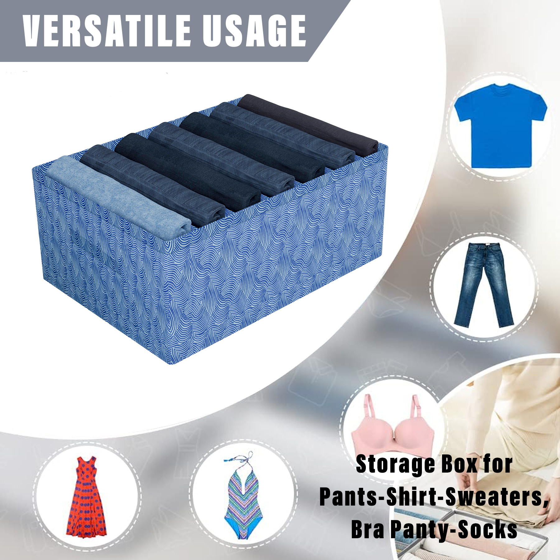 Kuber Industries Trouser Box | Wardrobe Organizer | Clothes Organizer | Storage Box for Pants-Shirt-Sweaters-Bra Panty-Socks | 7-Grid Closet Organizer | Zig-Zag | Medium | Blue