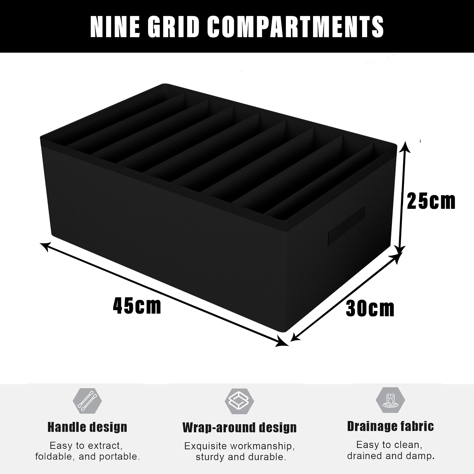 Kuber Industries Trouser Box | Wardrobe Organizer | Clothes Organizer | Storage Box for Pants-Shirt-Sweaters-Bra Panty-Socks | 9-Grid Closet Organizer | Plain | Large | Black